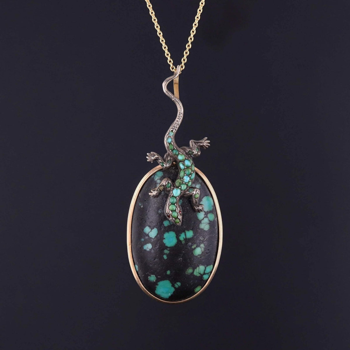 Antique Turquoise Lizard Pendant of Gold and Silver - Trademark Antiques