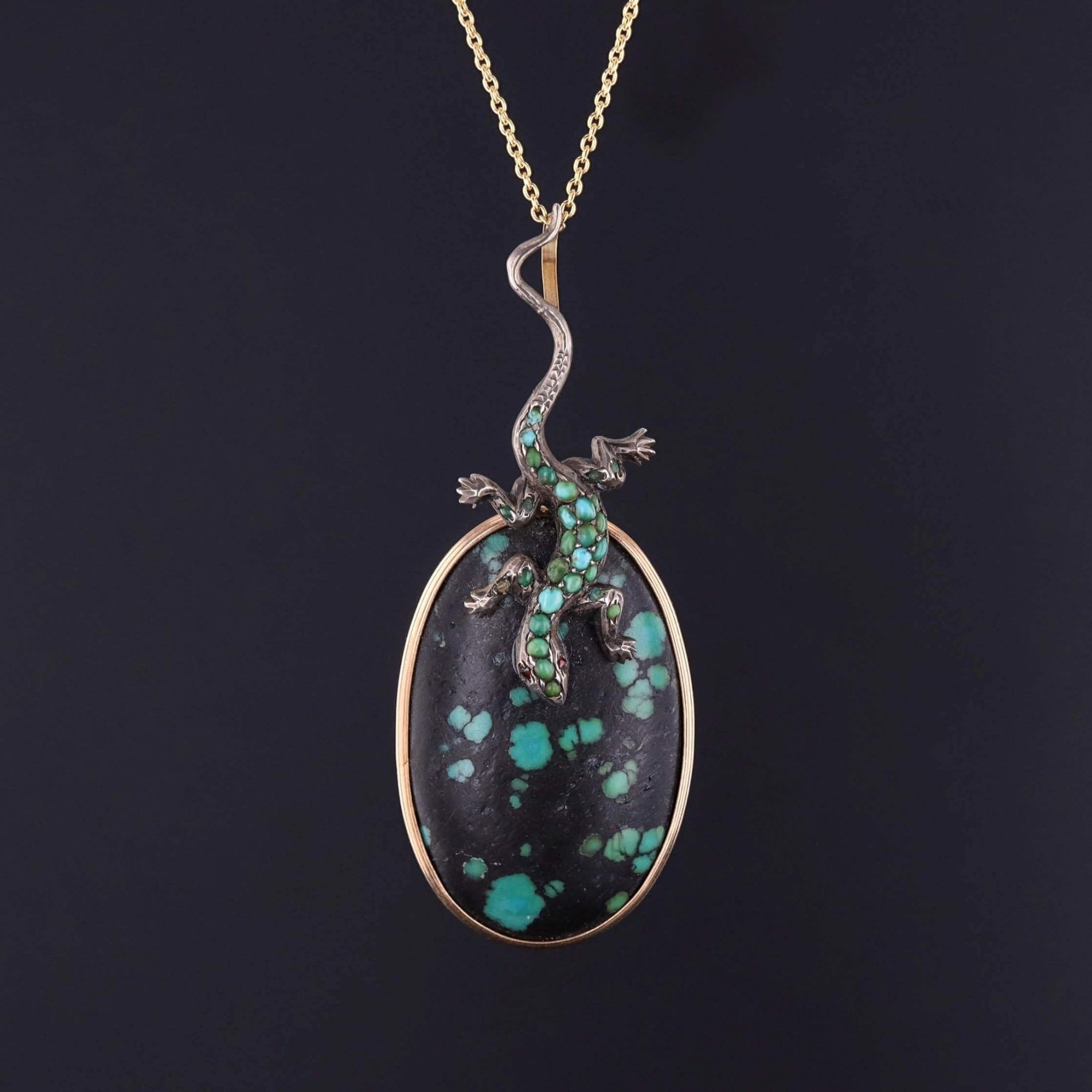 Antique Turquoise Lizard Pendant of Gold and Silver - Trademark Antiques