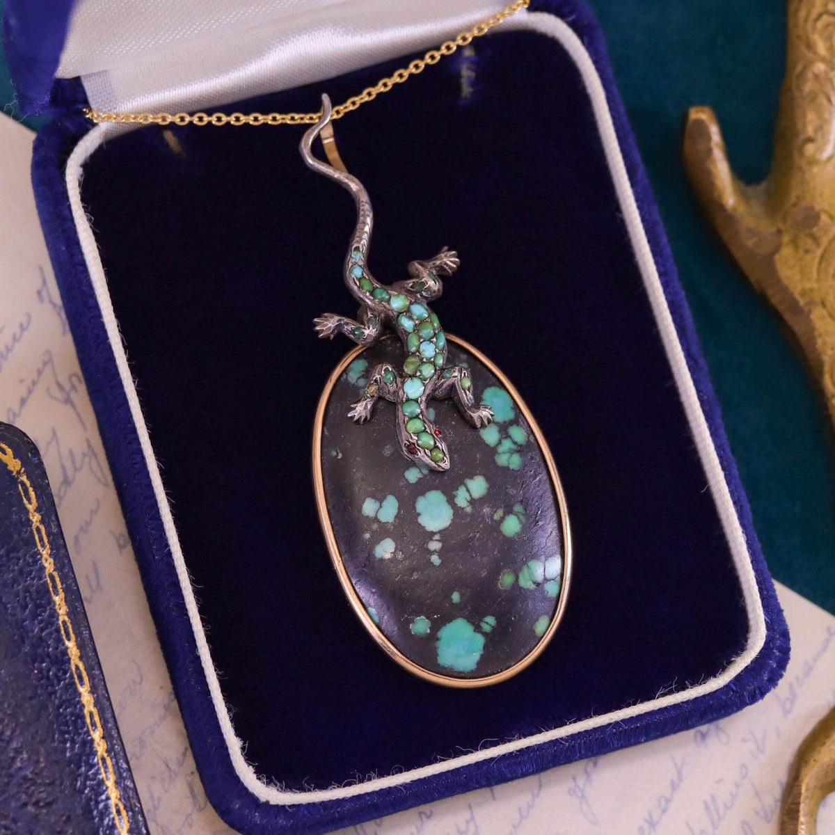 Antique Turquoise Lizard Pendant of Gold and Silver - Trademark Antiques