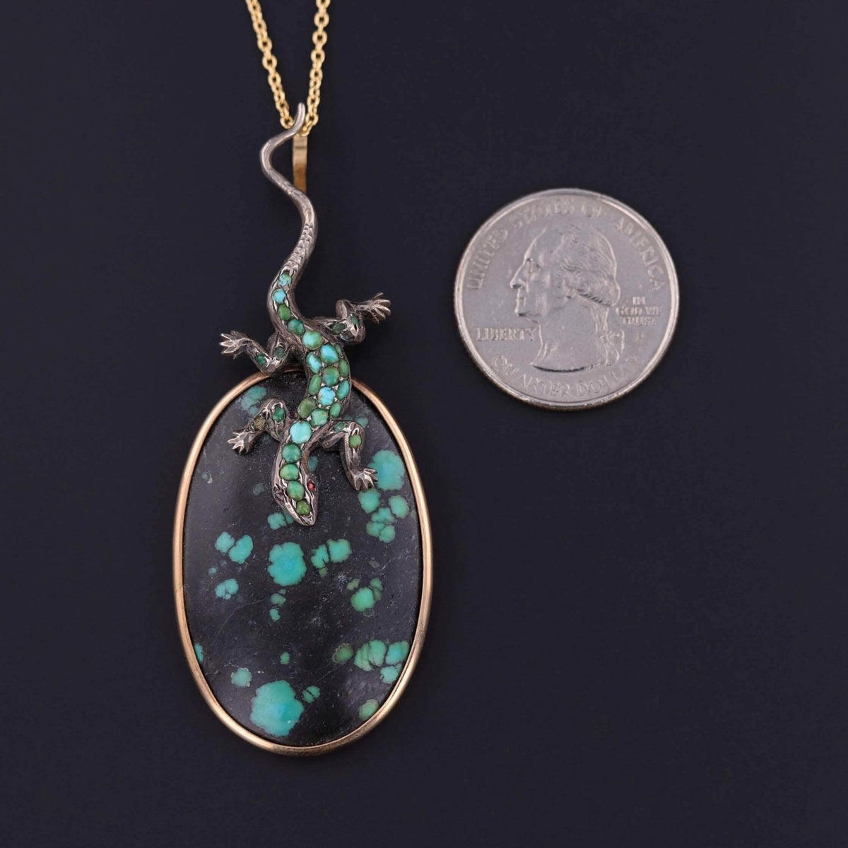Antique Turquoise Lizard Pendant of Gold and Silver - Trademark Antiques