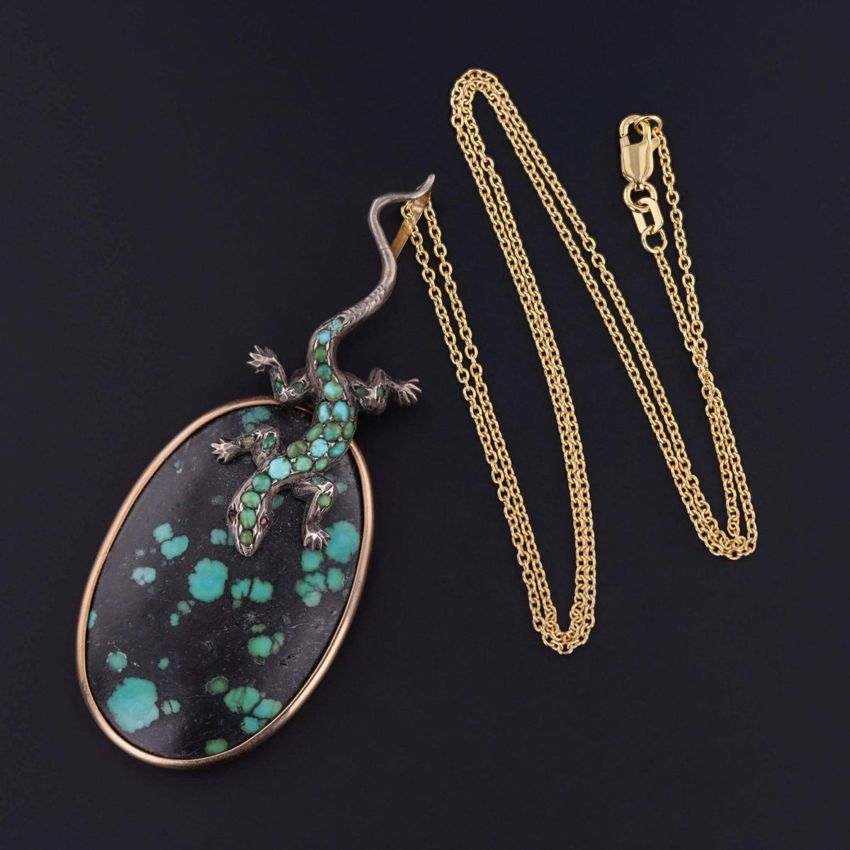 Antique Turquoise Lizard Pendant of Gold and Silver - Trademark Antiques