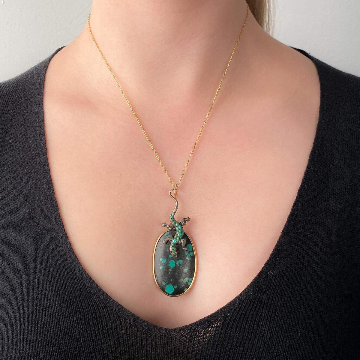 Antique Turquoise Lizard Pendant of Gold and Silver - Trademark Antiques