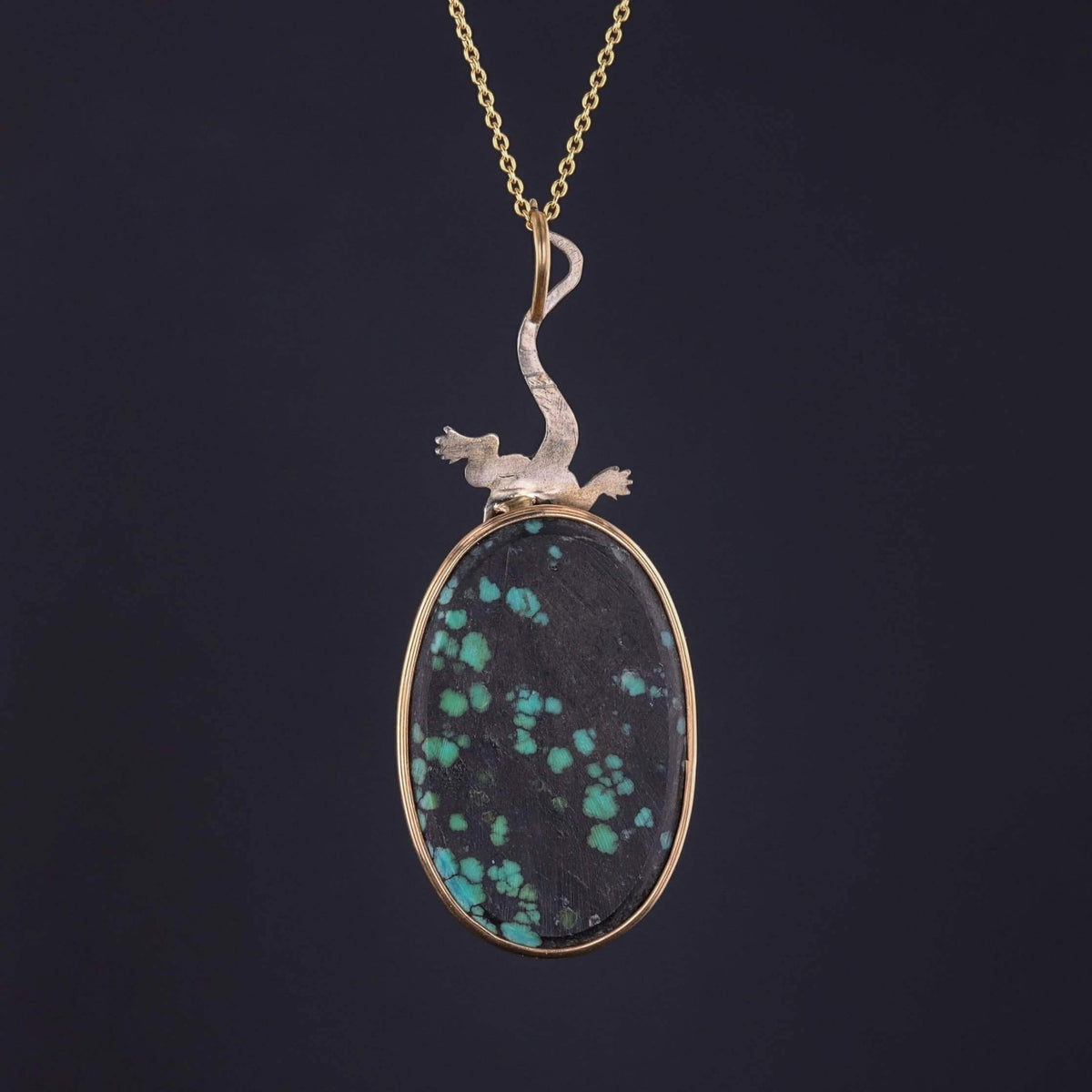 Antique Turquoise Lizard Pendant of Gold and Silver - Trademark Antiques