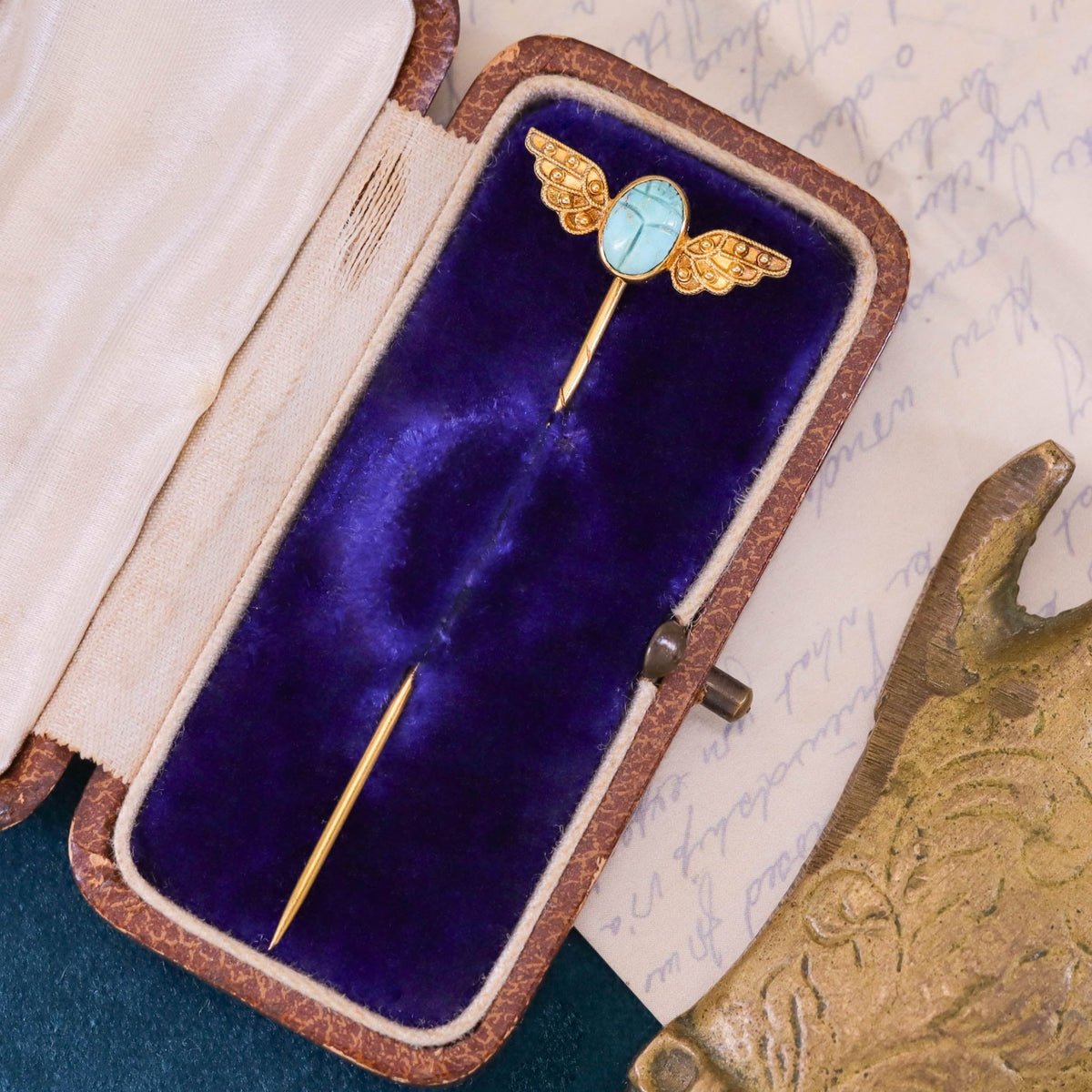 Antique Turquoise Scarab Stickpin of 9ct Gold - Trademark Antiques