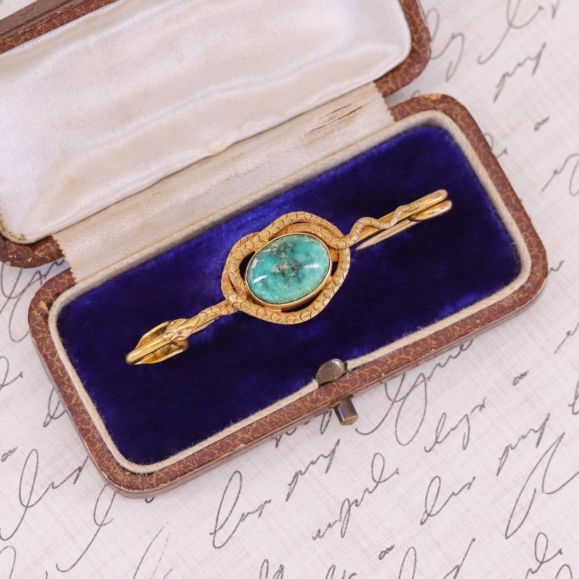 Antique Turquoise Snake Brooch of 14k Gold - Trademark Antiques