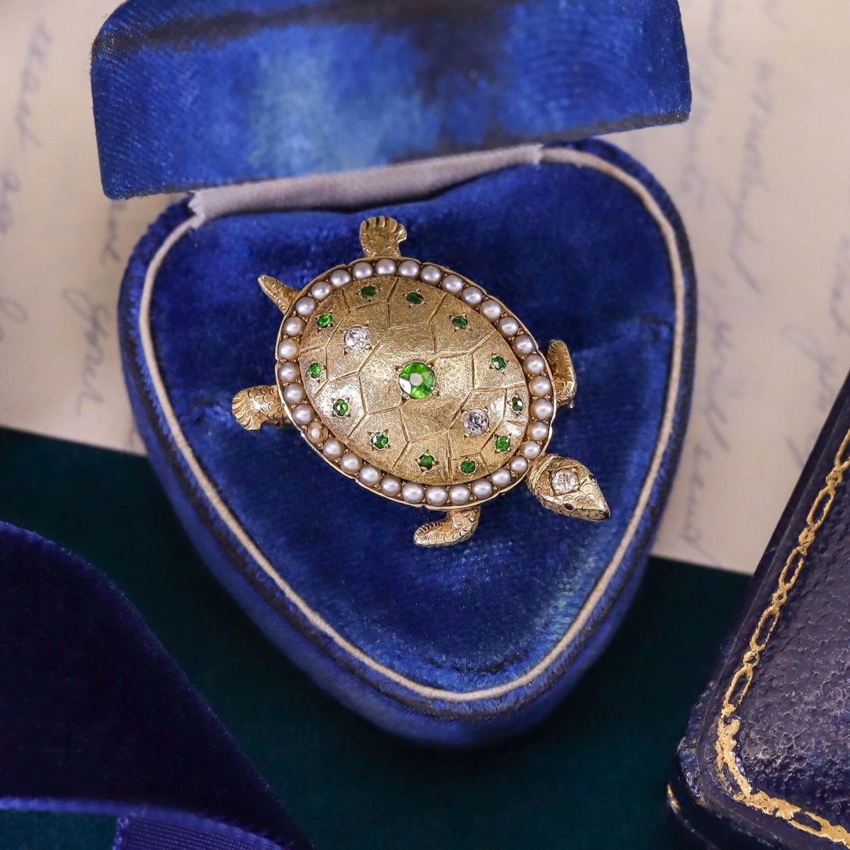 Antique Turtle Brooch of Demantoid Garnets and 14k Gold - Trademark Antiques