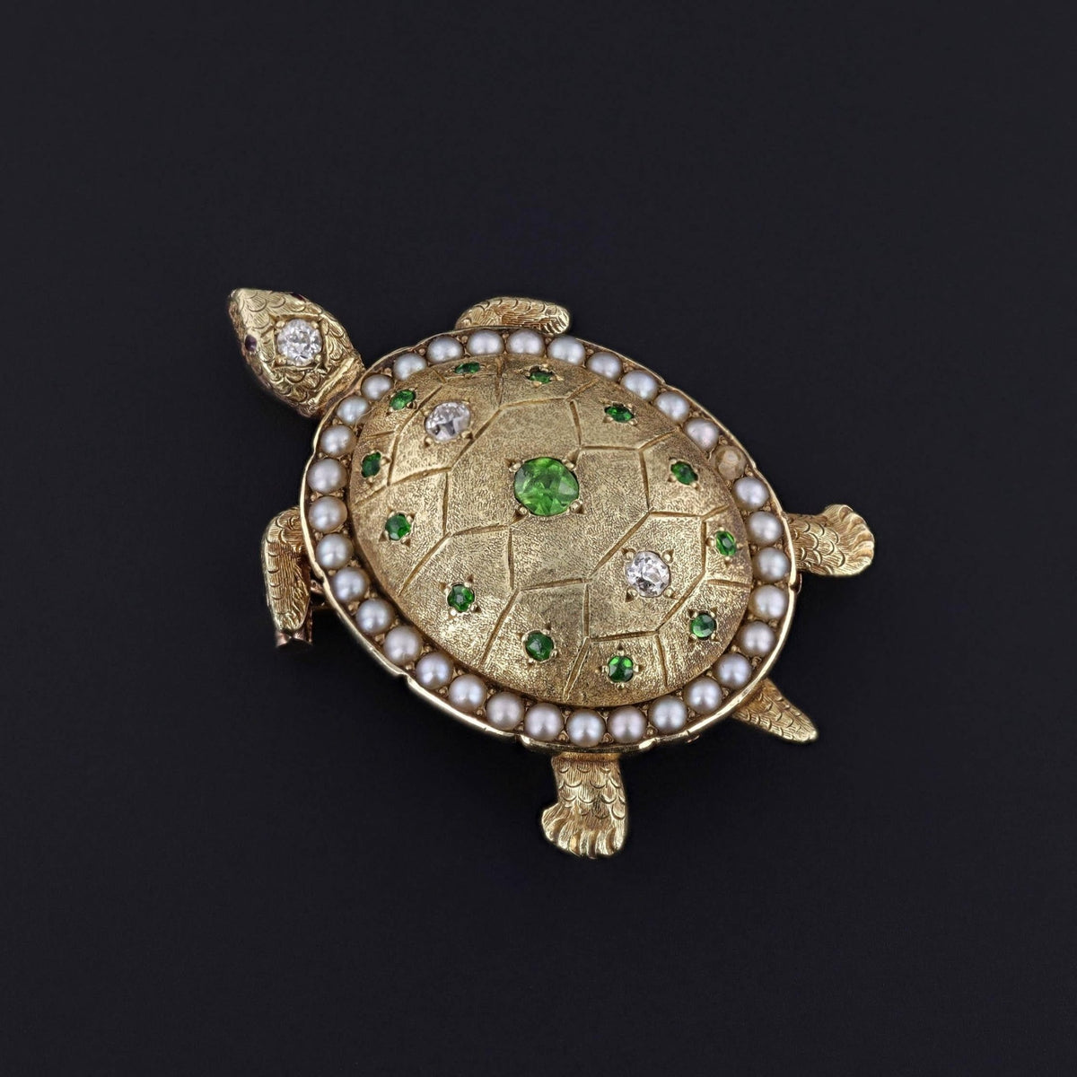 Antique Turtle Brooch of Demantoid Garnets and 14k Gold - Trademark Antiques