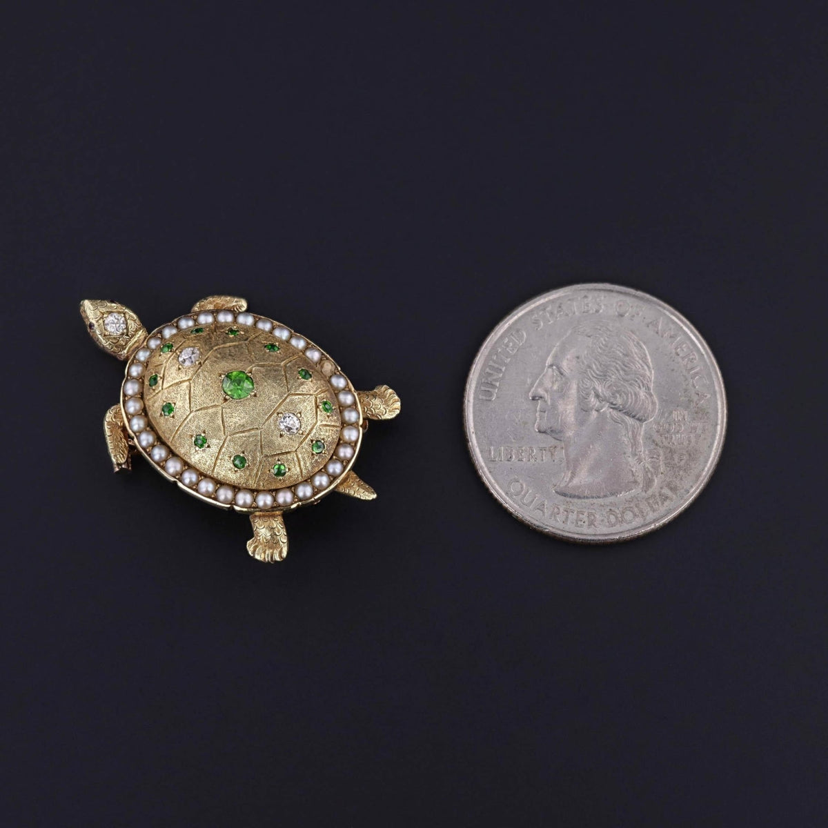 Antique Turtle Brooch of Demantoid Garnets and 14k Gold - Trademark Antiques
