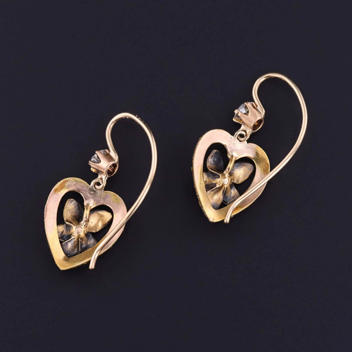 Antique Violet Heart Earrings of 14k Gold - Trademark Antiques