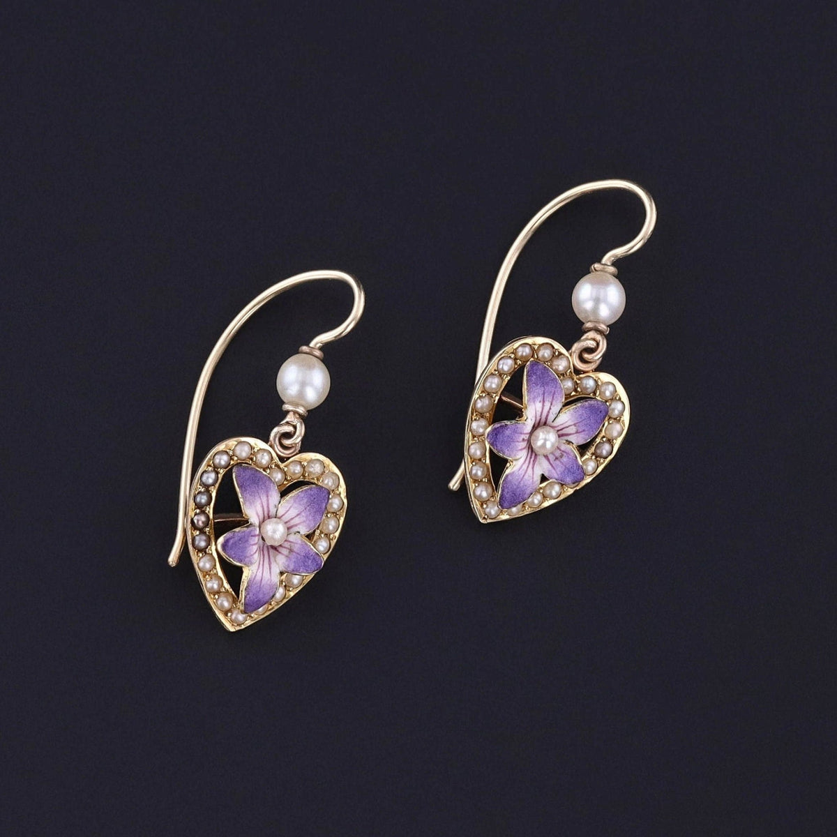 Antique Violet Heart Earrings of 14k Gold - Trademark Antiques