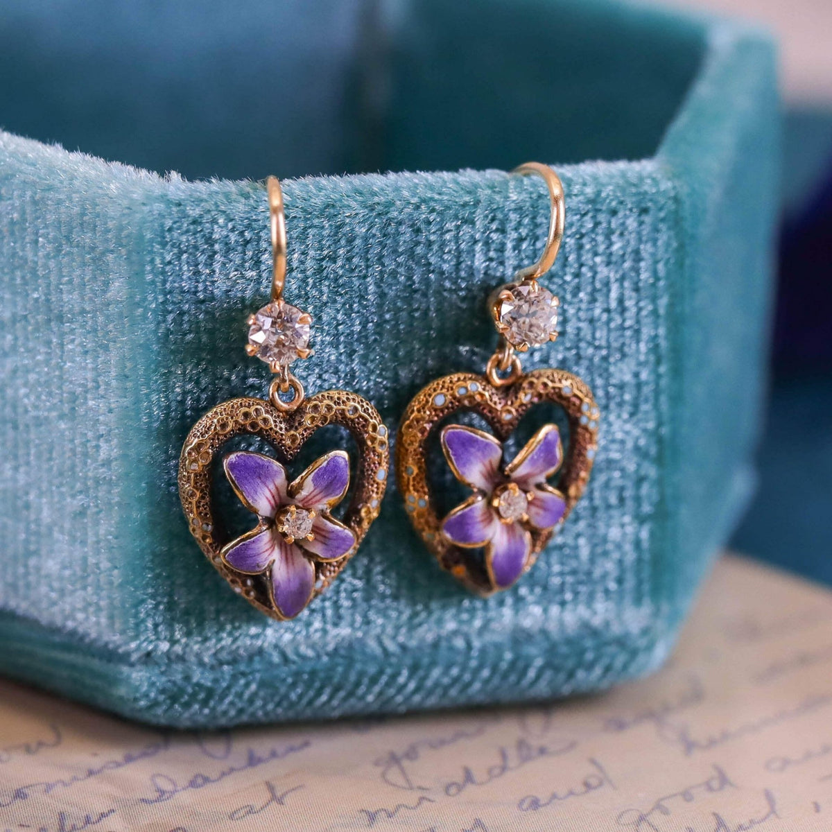 Antique Violet Heart Earrings of 14k Gold - Trademark Antiques