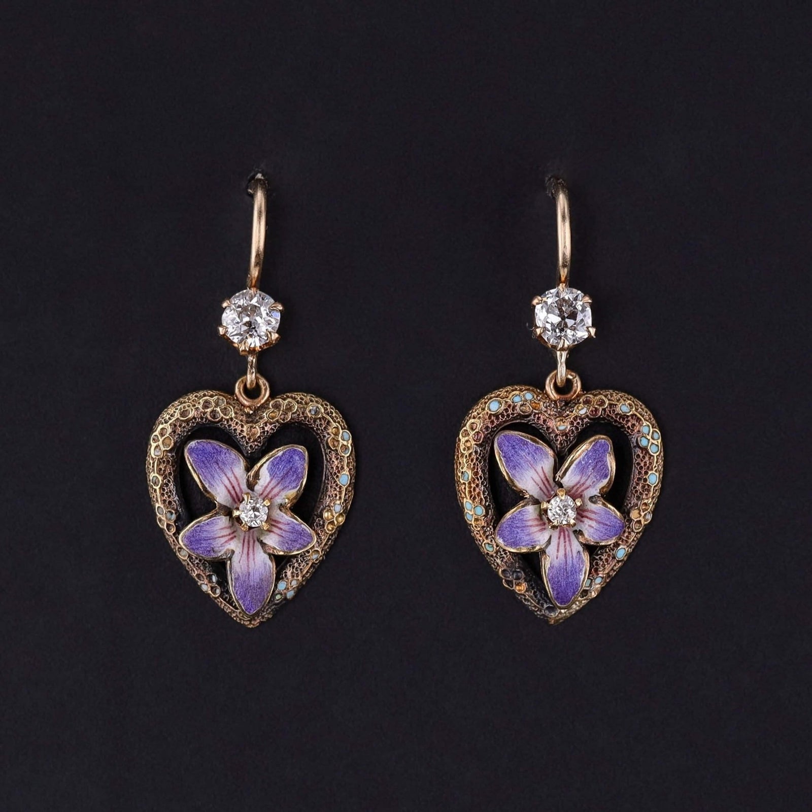 Antique Violet Heart Earrings of 14k Gold - Trademark Antiques