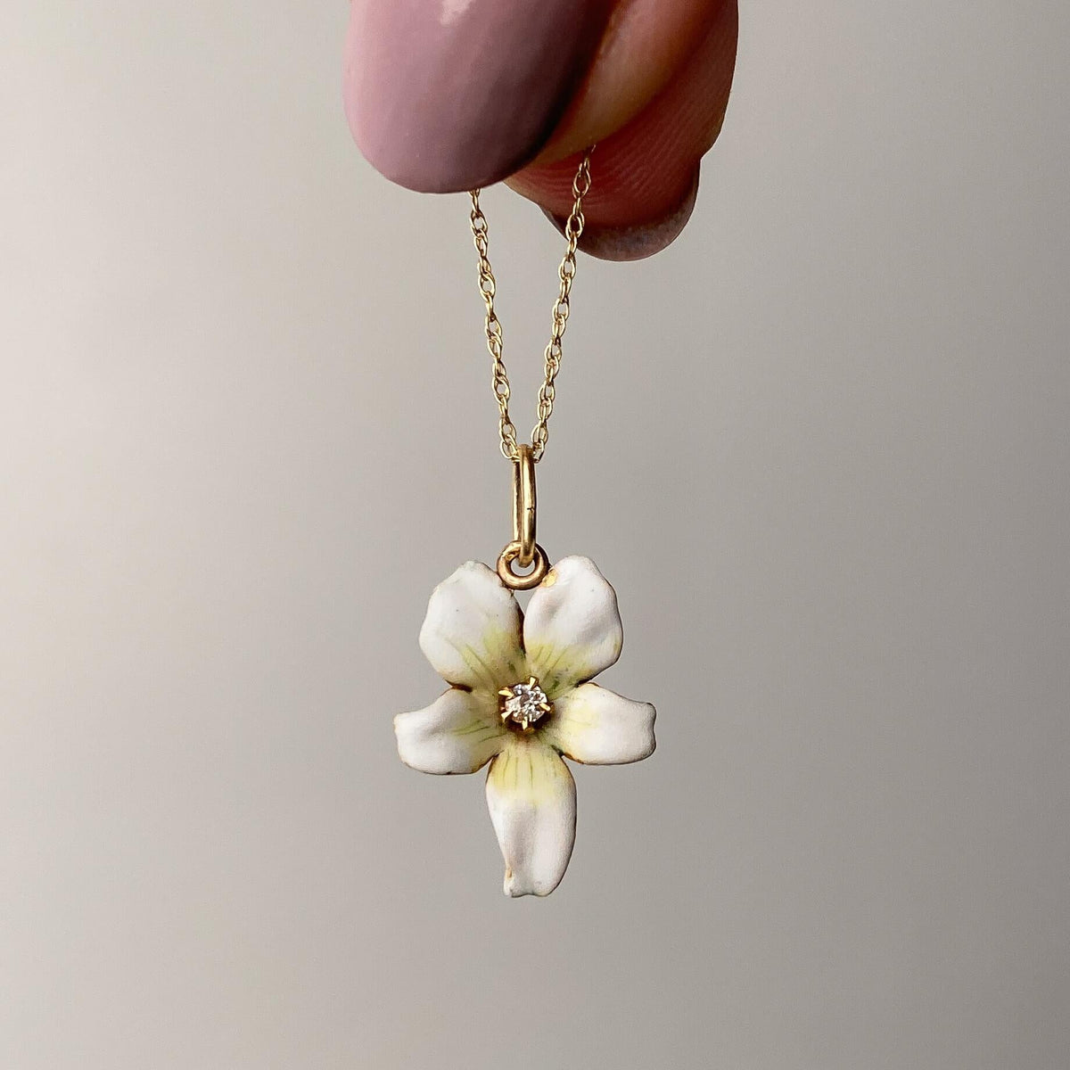 Antique White Enamel Violet Charm of 14k Gold - Trademark Antiques