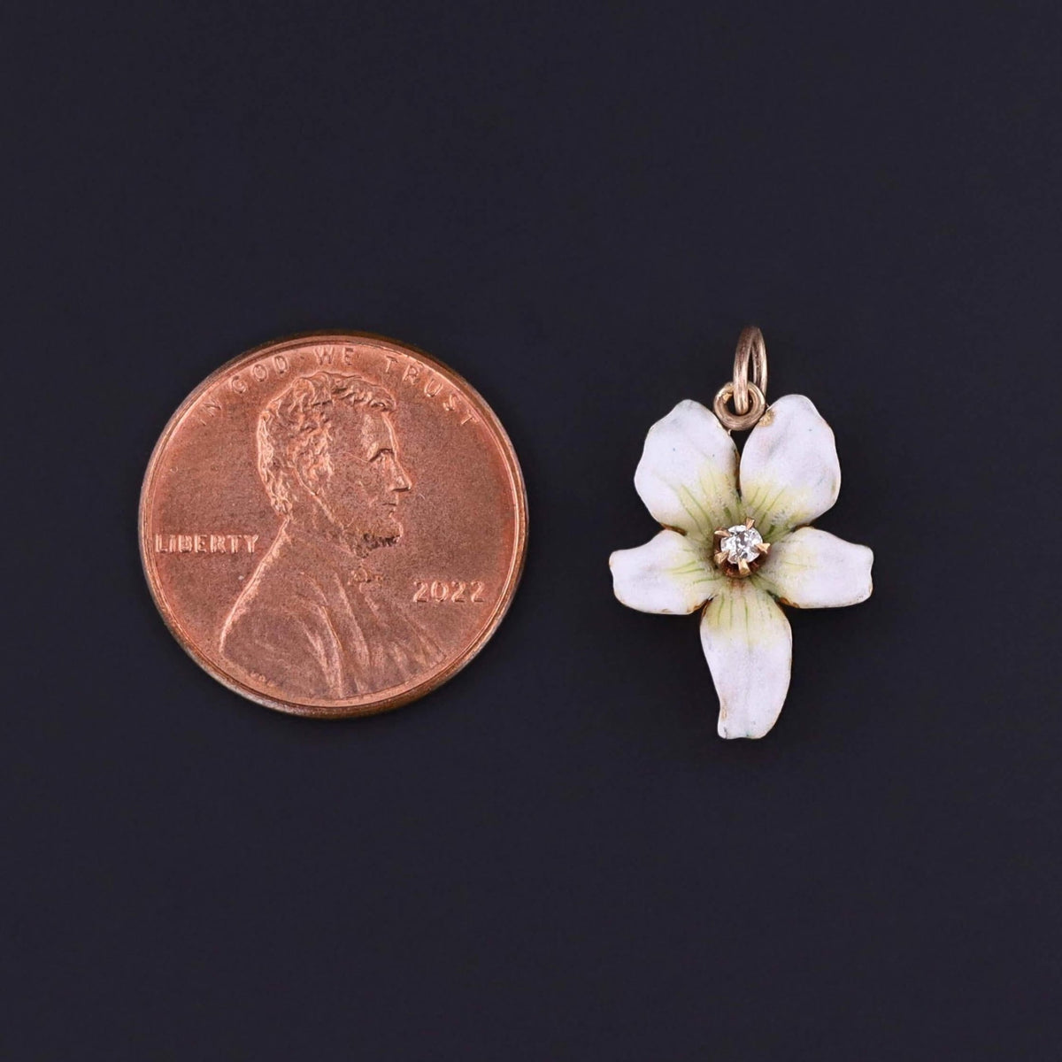 Antique White Enamel Violet Charm of 14k Gold - Trademark Antiques