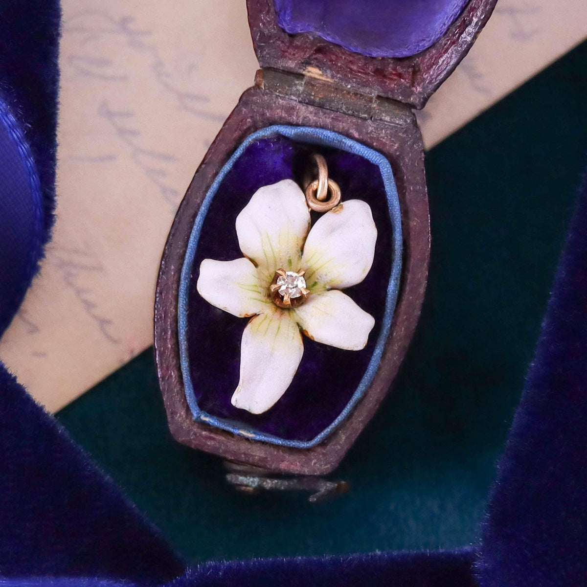 Antique White Enamel Violet Charm of 14k Gold - Trademark Antiques