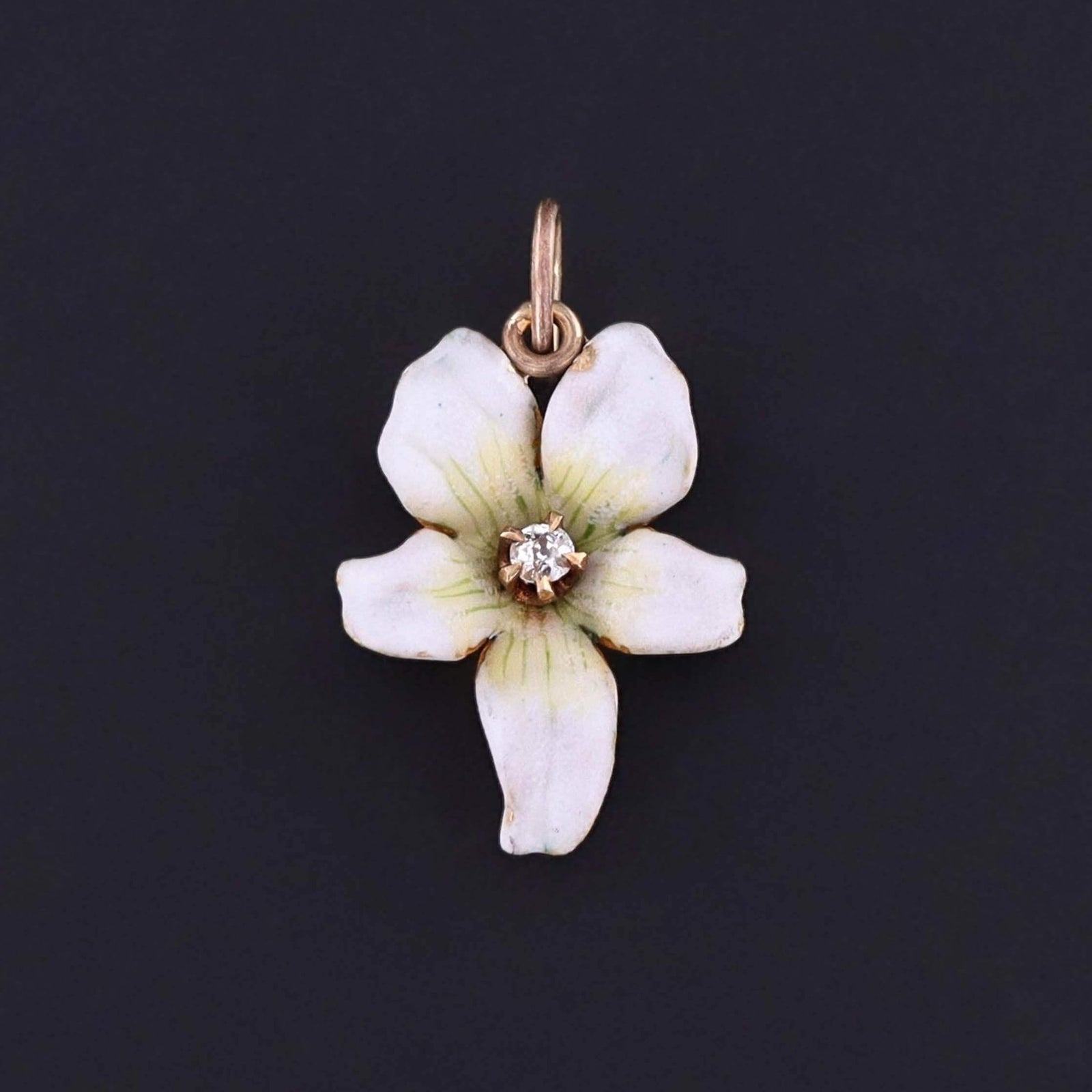 Antique White Enamel Violet Charm of 14k Gold - Trademark Antiques