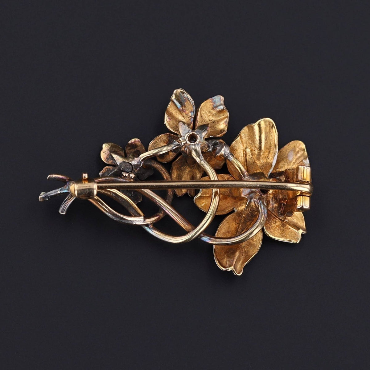 Antique White Enamel Violet Flower Brooch of 14k Gold - Trademark Antiques