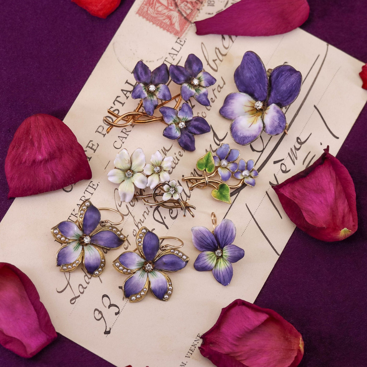 Antique White Enamel Violet Flower Brooch of 14k Gold - Trademark Antiques