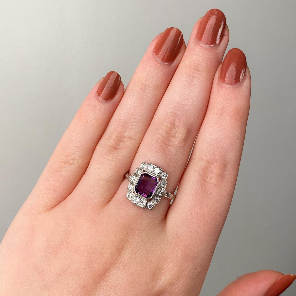 Art Deco Amethyst and Diamond Ring of Platinum - Trademark Antiques
