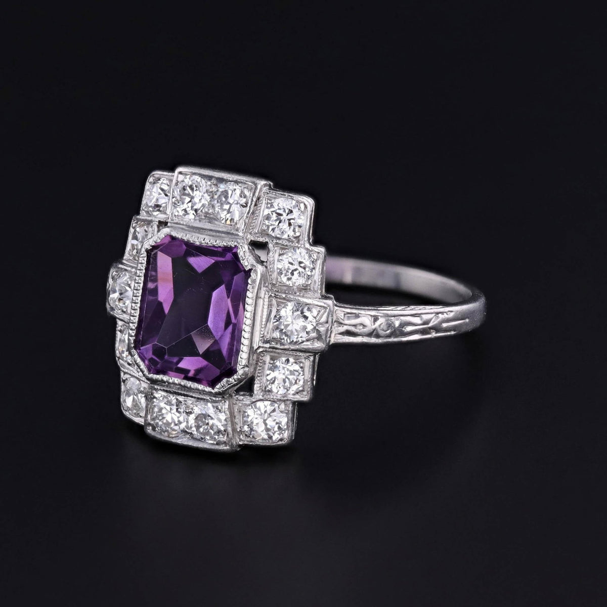 Art Deco Amethyst and Diamond Ring of Platinum - Trademark Antiques