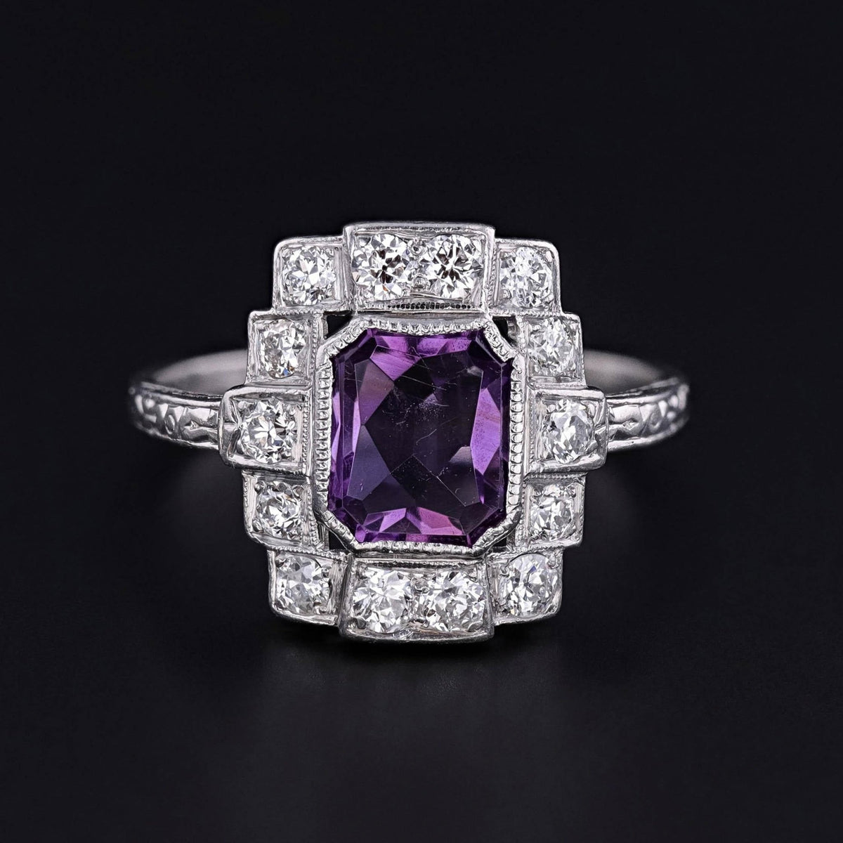 Art Deco Amethyst and Diamond Ring of Platinum - Trademark Antiques