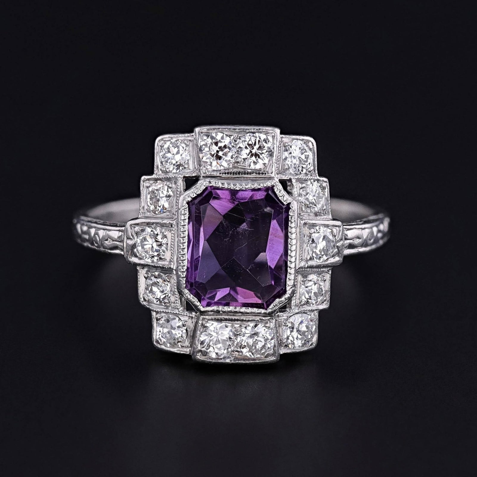 Art Deco Amethyst and Diamond Ring of Platinum - Trademark Antiques