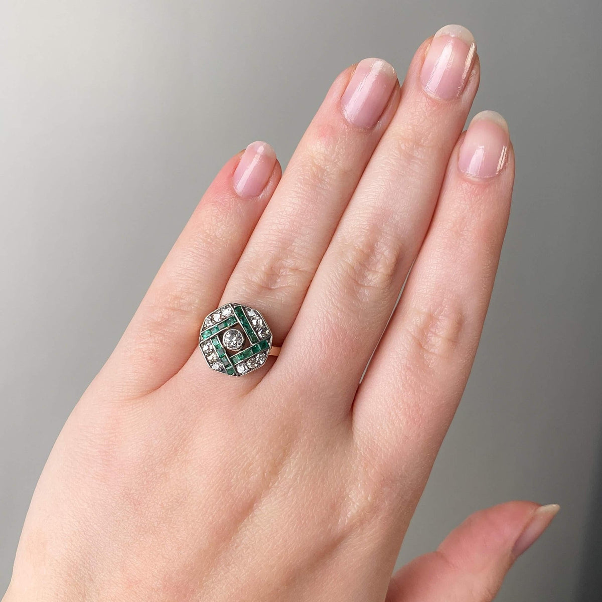 Art Deco Diamond and Emerald Ring of 14k Gold - Trademark Antiques