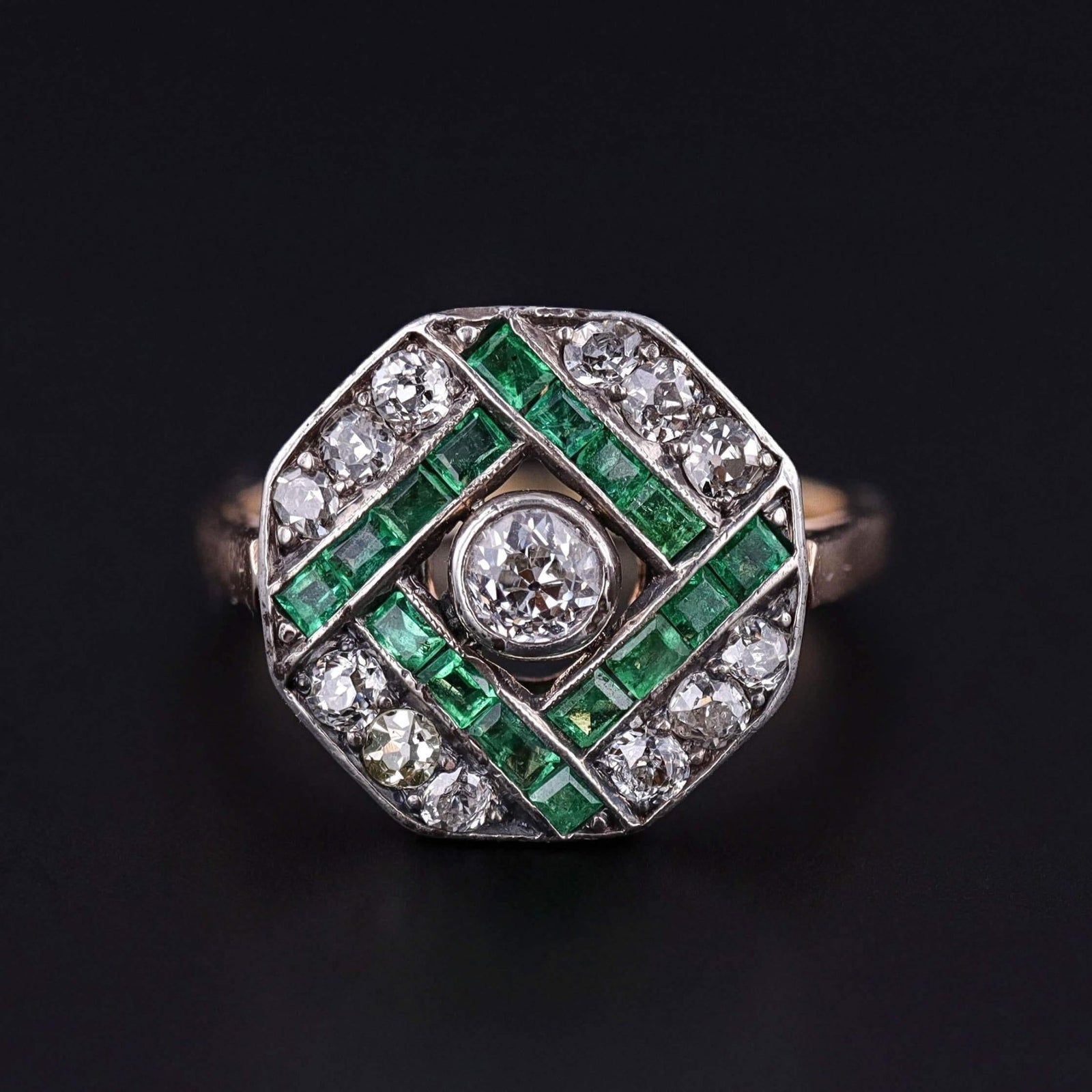 Art Deco Diamond and Emerald Ring of 14k Gold - Trademark Antiques