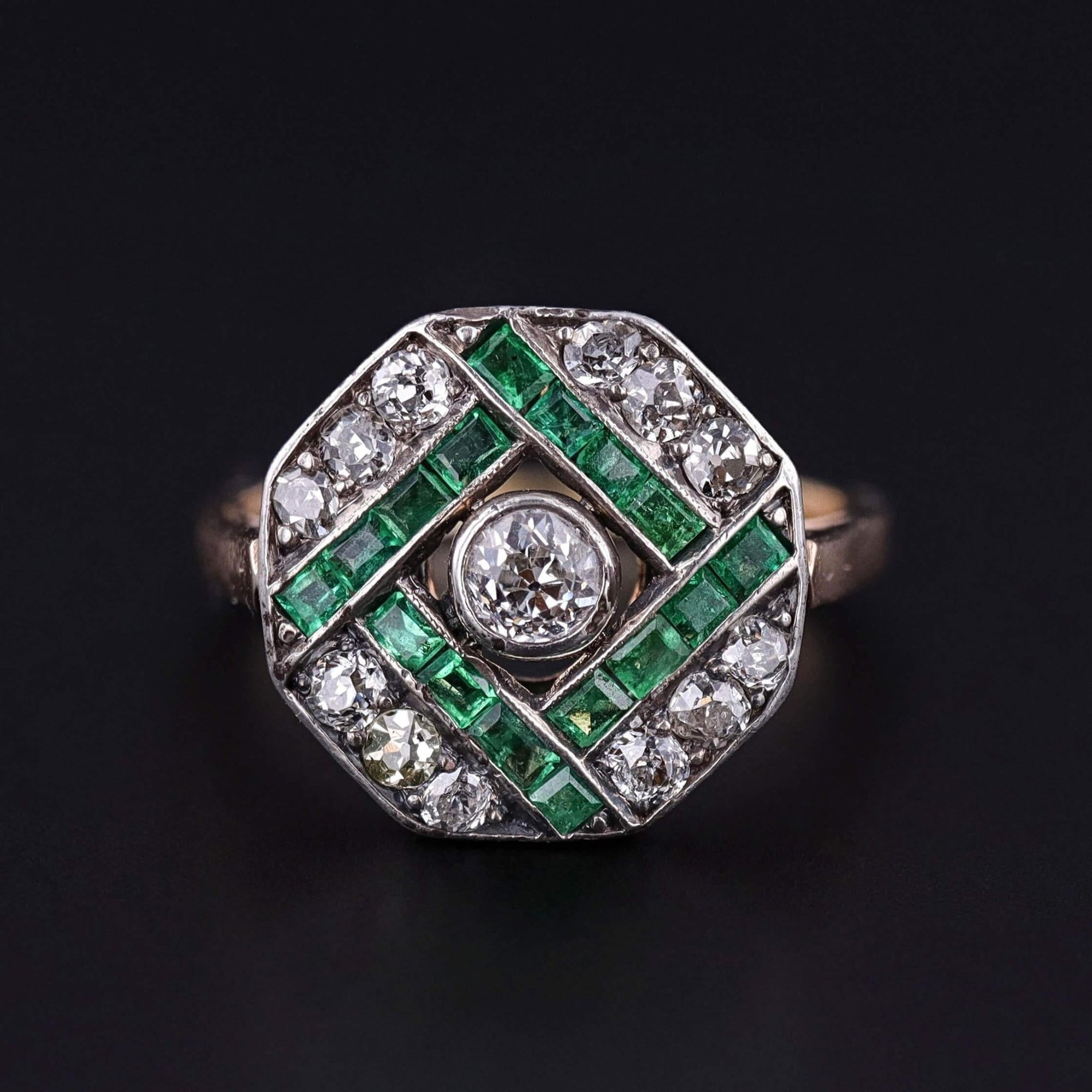 Art Deco Diamond and Emerald Ring of 14k Gold - Trademark Antiques