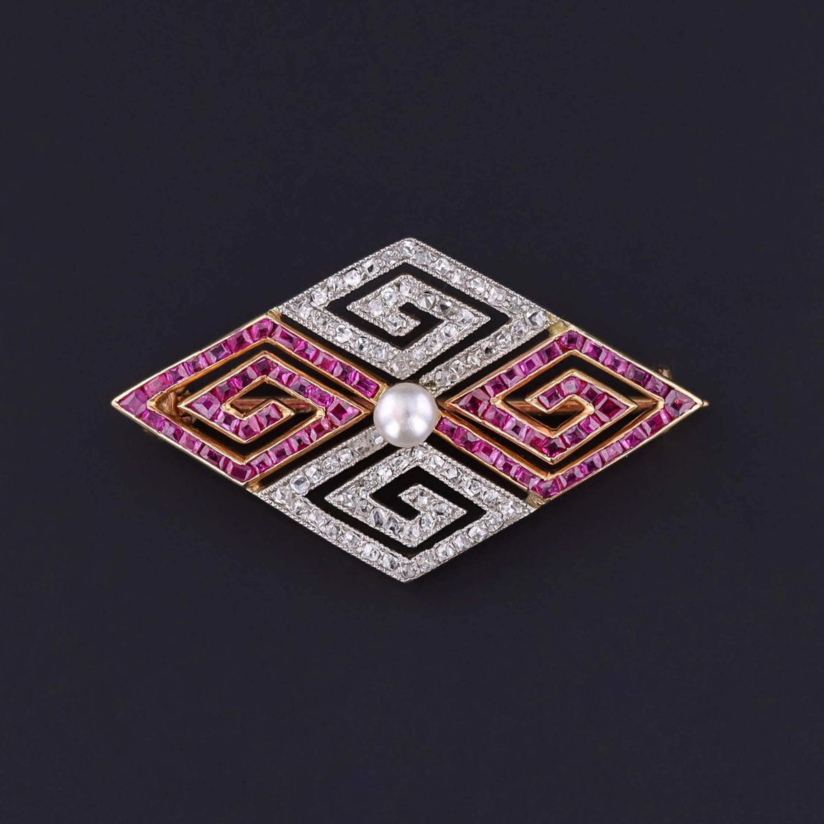 Art Deco Diamond and Ruby Greek Key Brooch of 18k Gold - Trademark Antiques