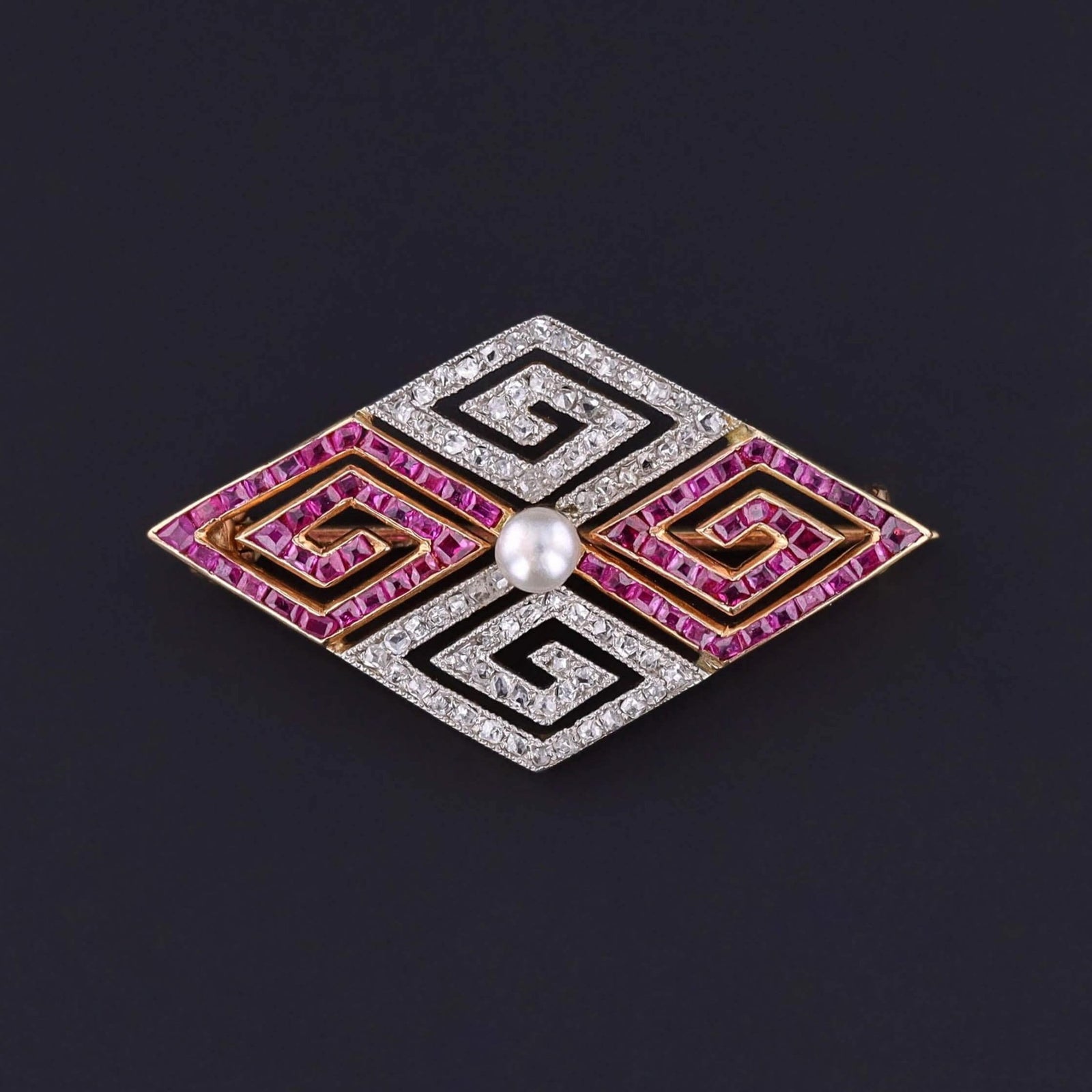 Art Deco Diamond and Ruby Greek Key Brooch of 18k Gold - Trademark Antiques