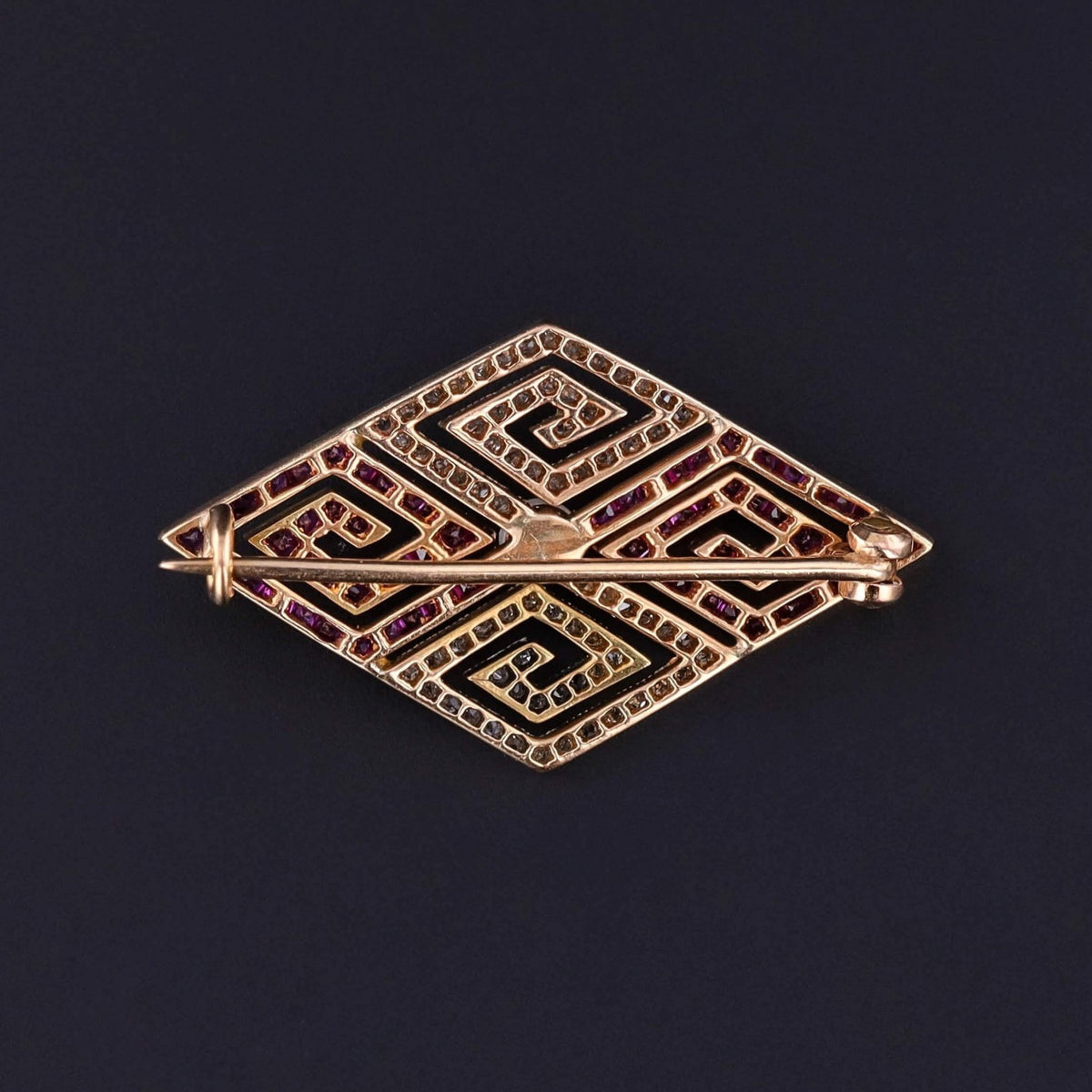Art Deco Diamond and Ruby Greek Key Brooch of 18k Gold - Trademark Antiques
