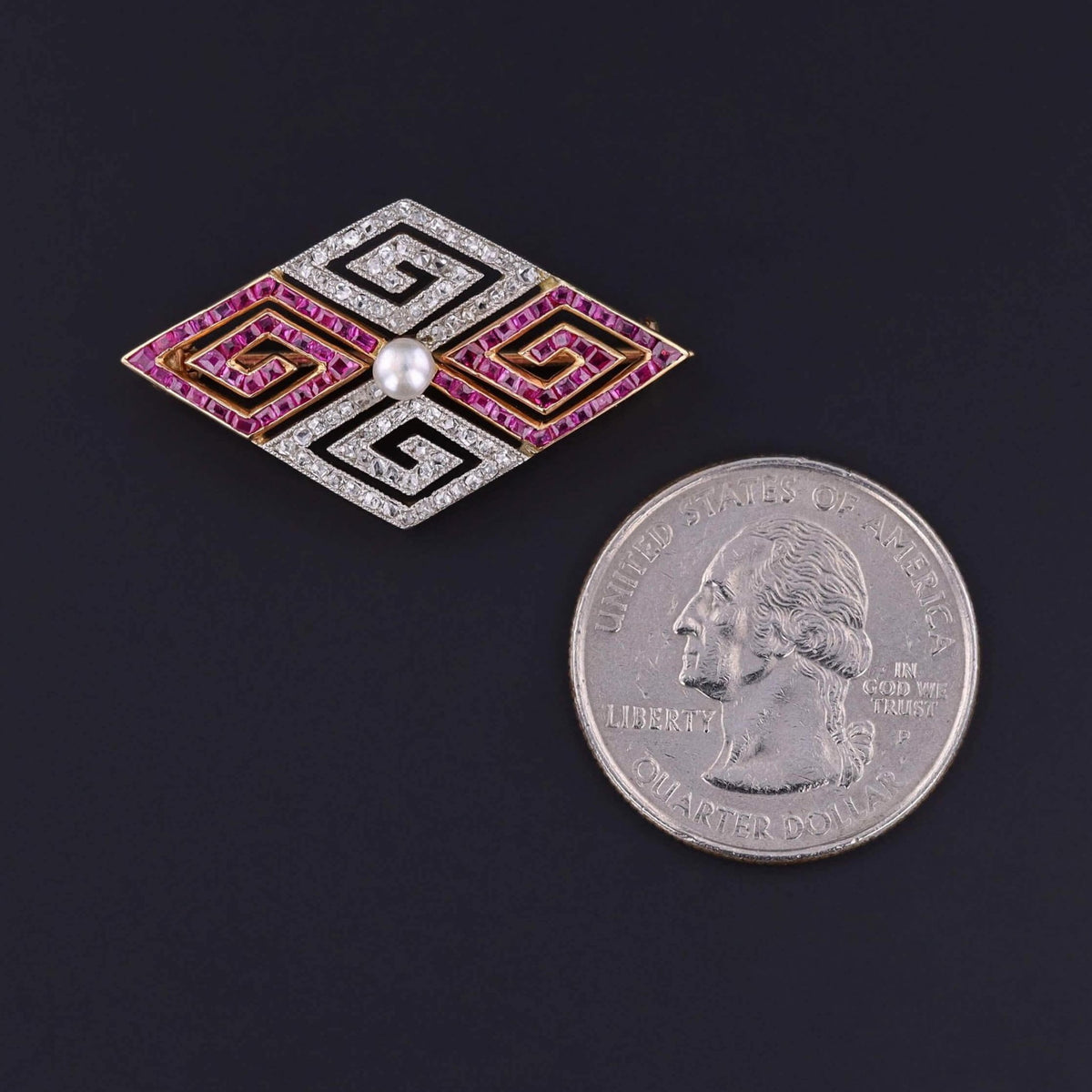 Art Deco Diamond and Ruby Greek Key Brooch of 18k Gold - Trademark Antiques