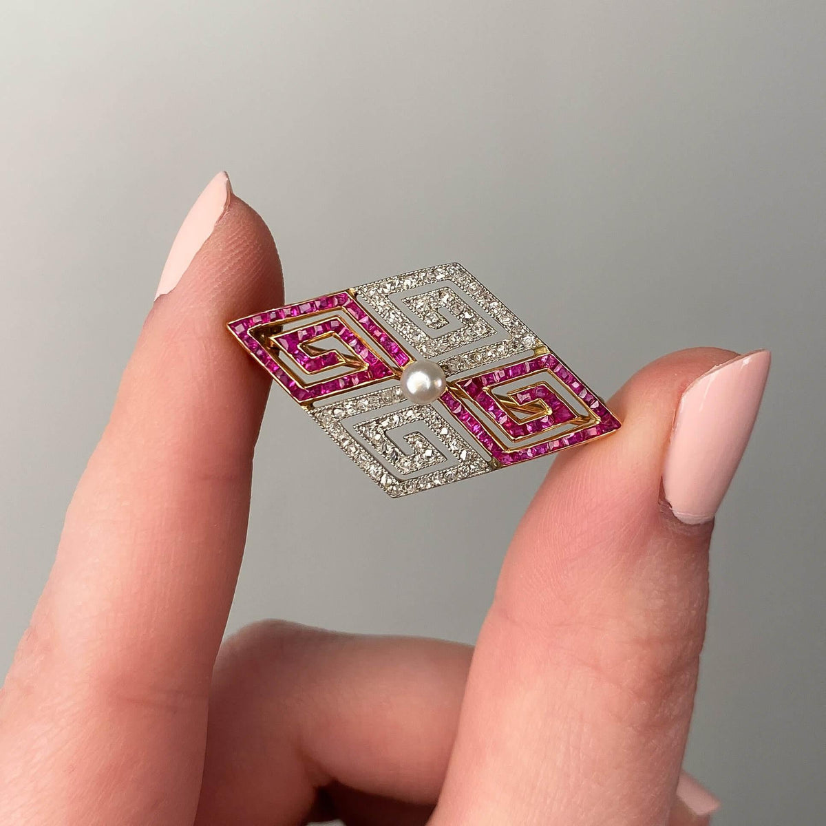 Art Deco Diamond and Ruby Greek Key Brooch of 18k Gold - Trademark Antiques