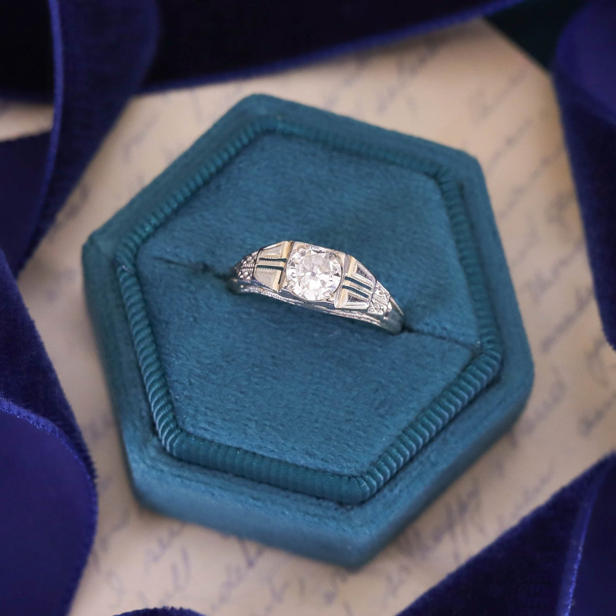 Art Deco Diamond Engagement Ring of 14k White Gold - Trademark Antiques