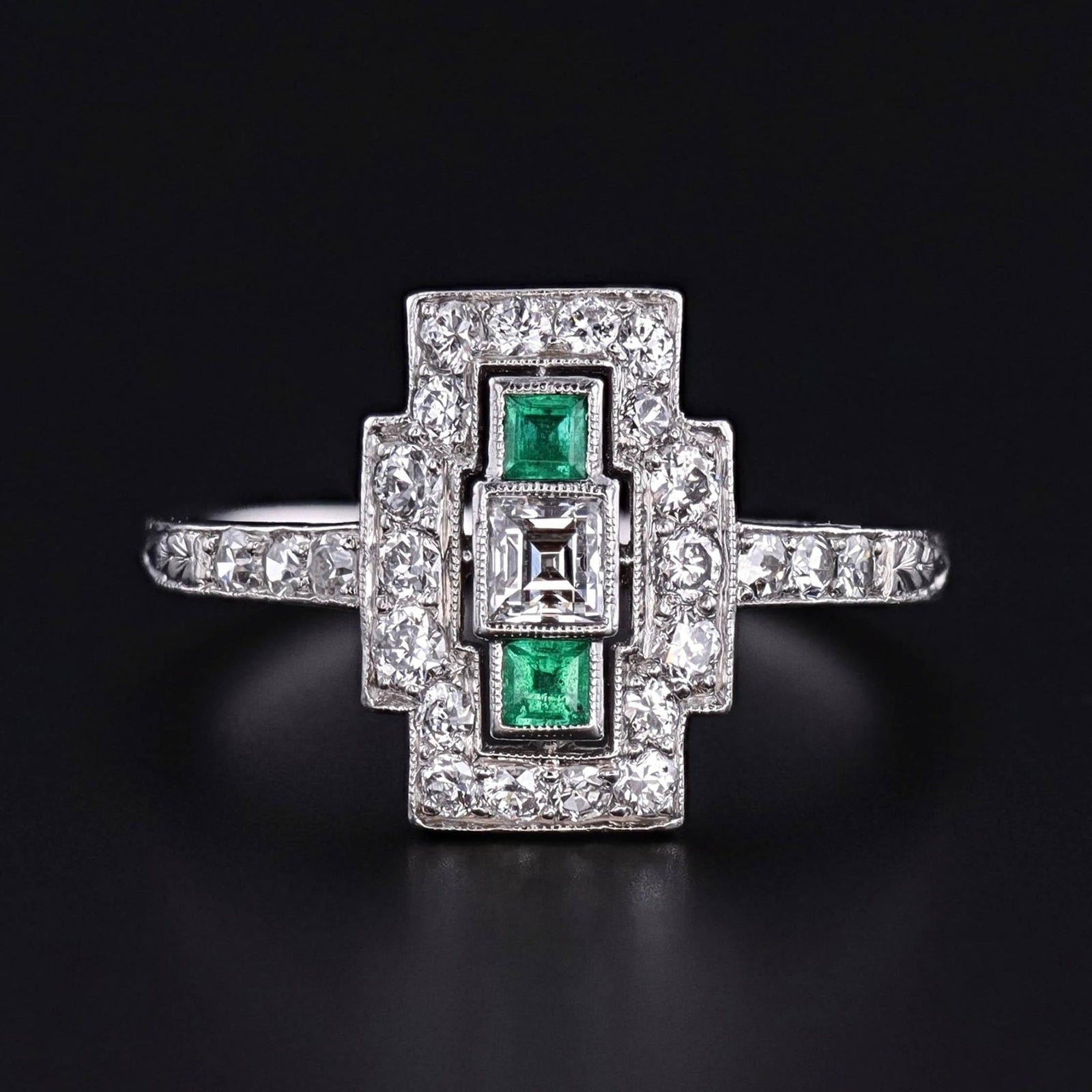 Art Deco Emerald and Diamond Ring of Platinum - Trademark Antiques