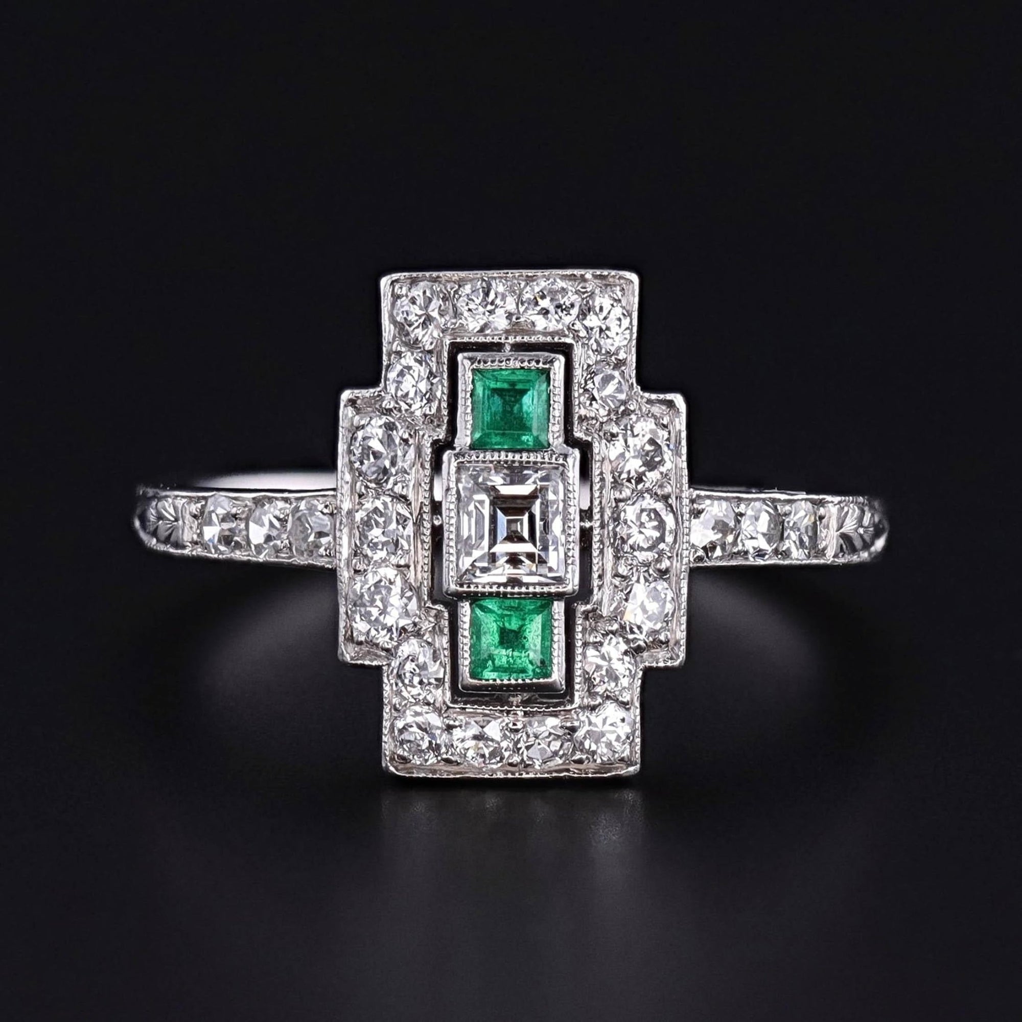 Art Deco Emerald and Diamond Ring of Platinum - Trademark Antiques