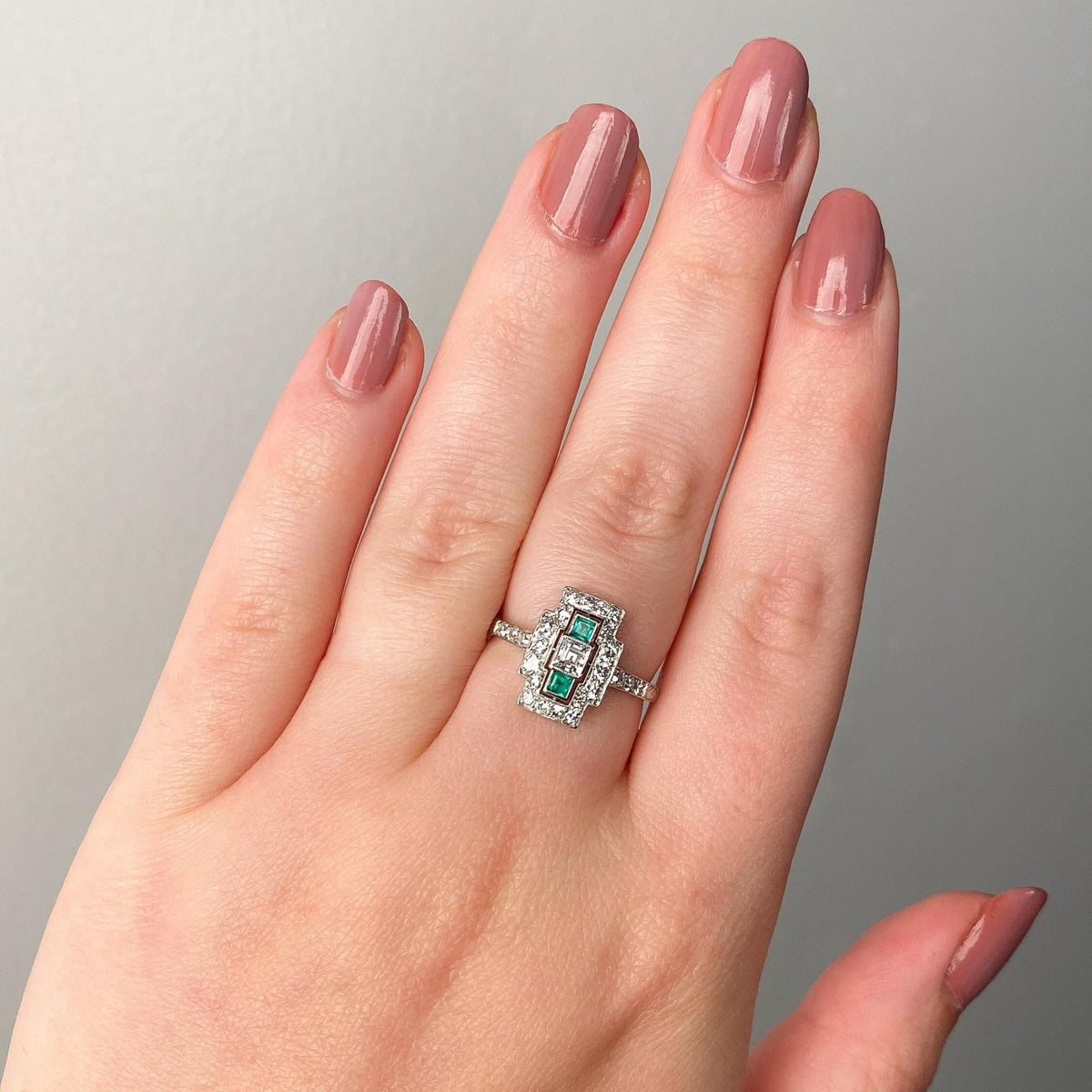 Art Deco Emerald and Diamond Ring of Platinum - Trademark Antiques