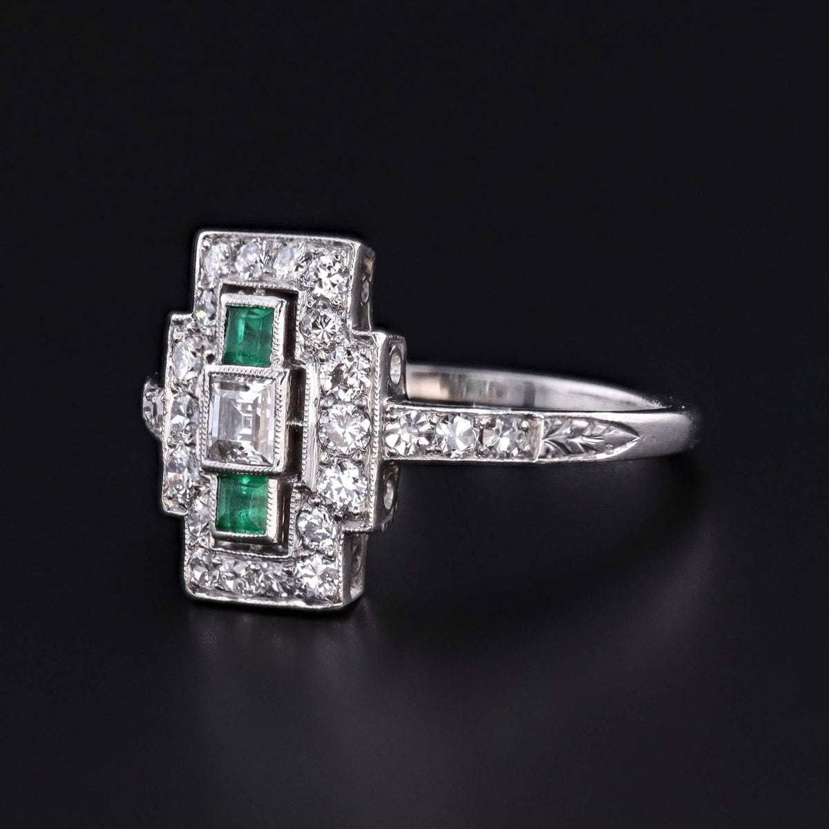 Art Deco Emerald and Diamond Ring of Platinum - Trademark Antiques