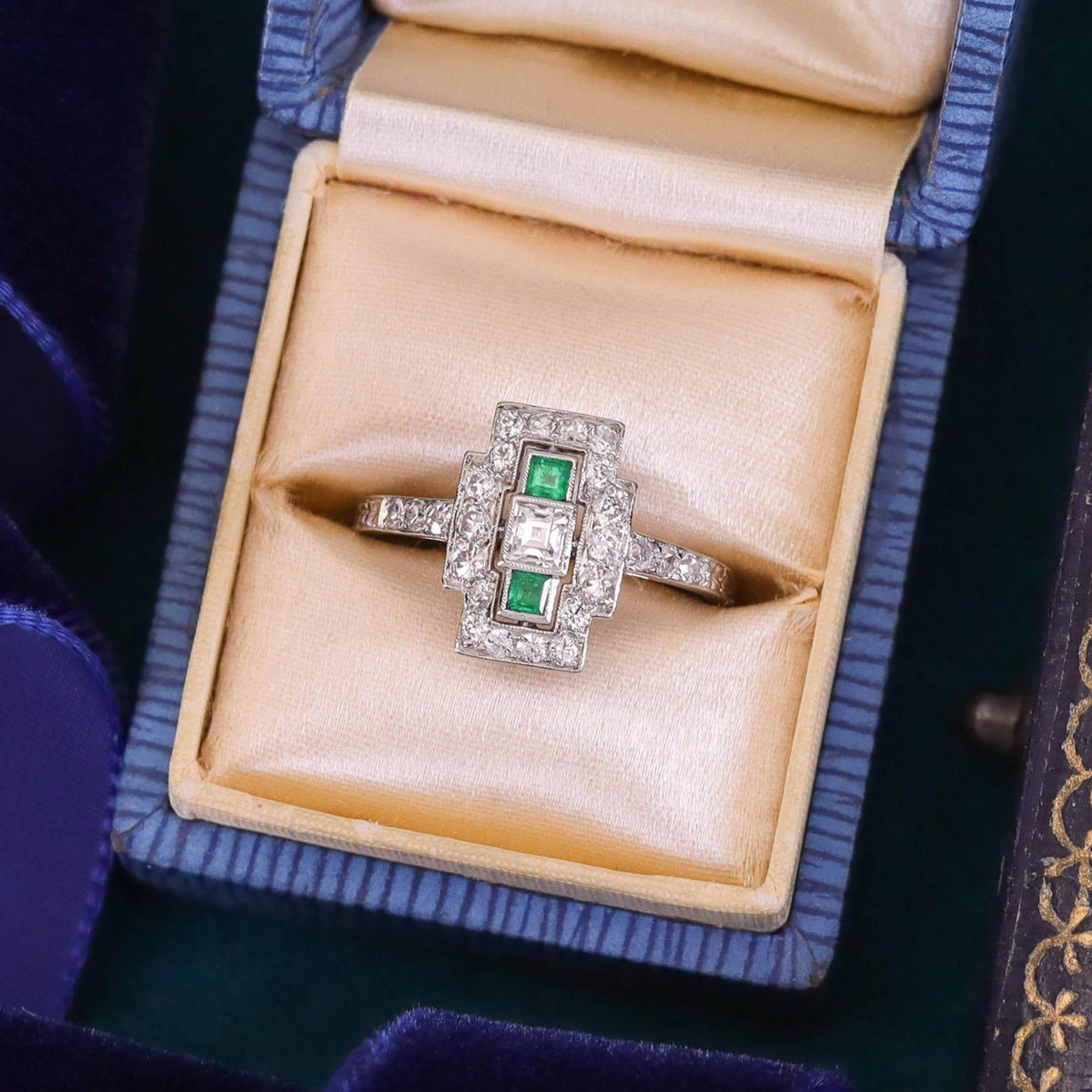 Art Deco Emerald and Diamond Ring of Platinum - Trademark Antiques