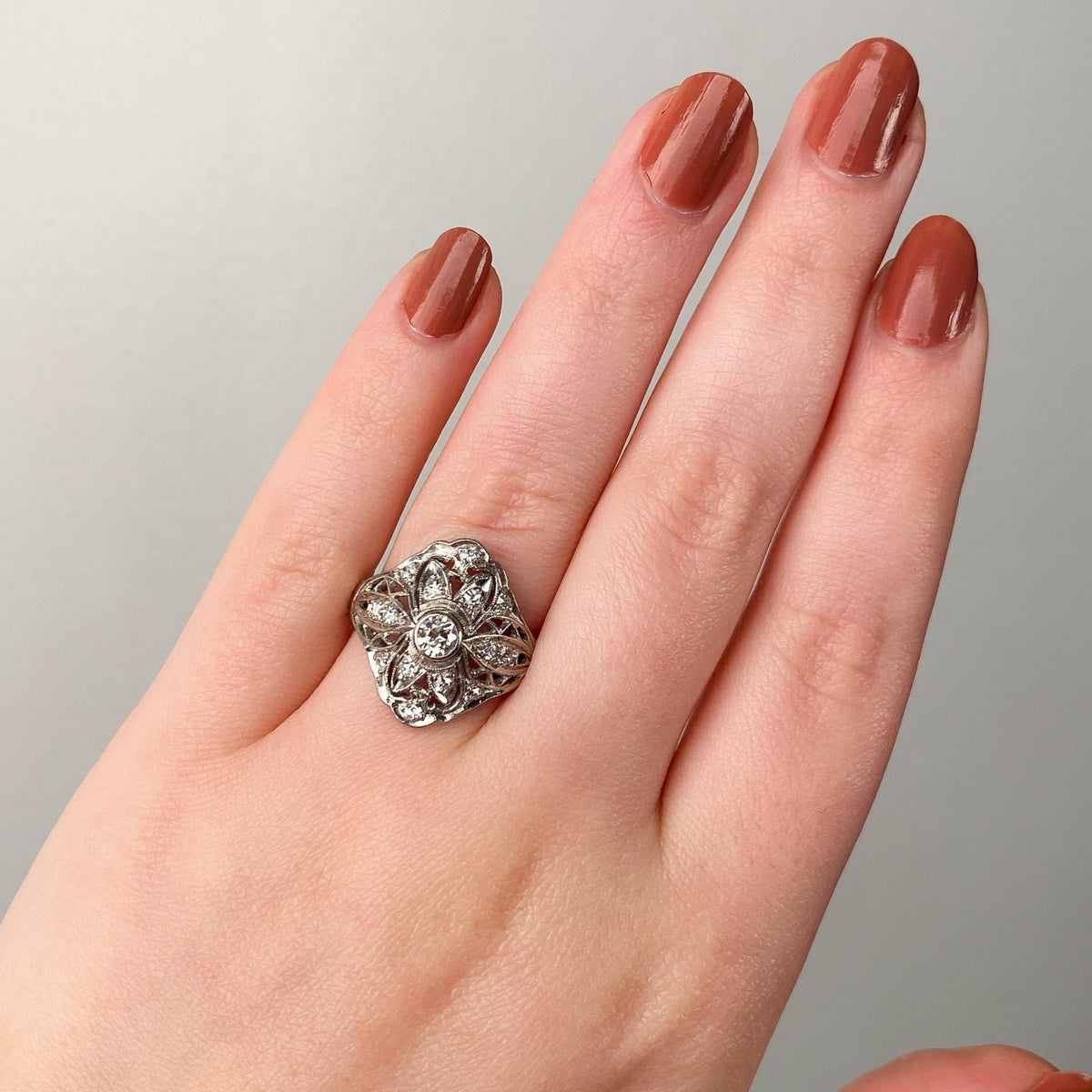 Art Deco Filigree Diamond Ring of Palladium - Trademark Antiques