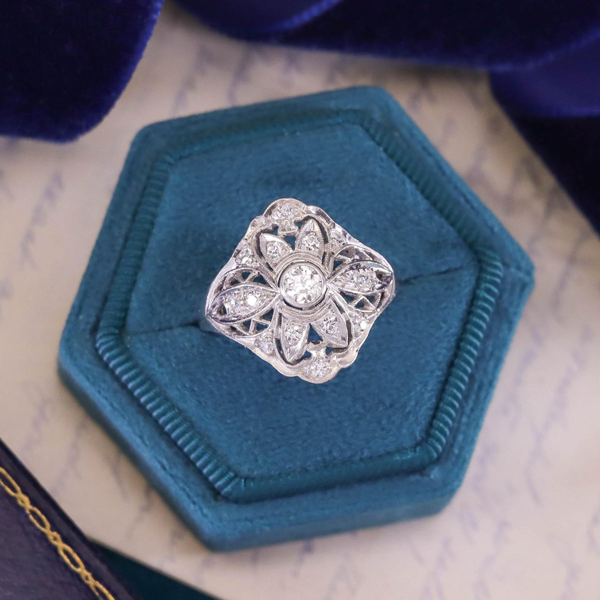 Art Deco Filigree Diamond Ring of Palladium - Trademark Antiques