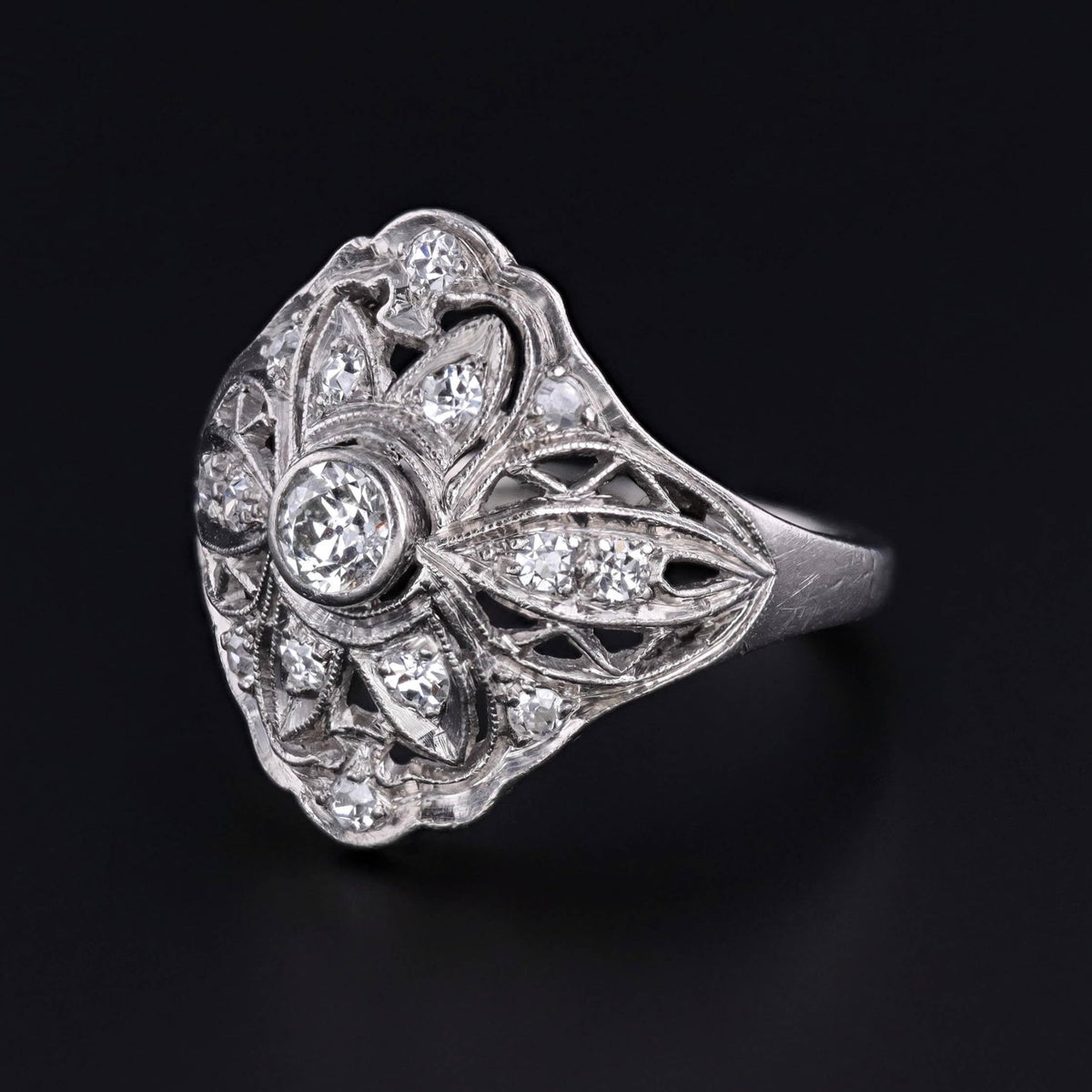 Art Deco Filigree Diamond Ring of Palladium - Trademark Antiques