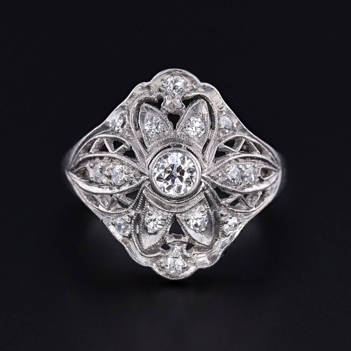 Art Deco Filigree Diamond Ring of Palladium - Trademark Antiques