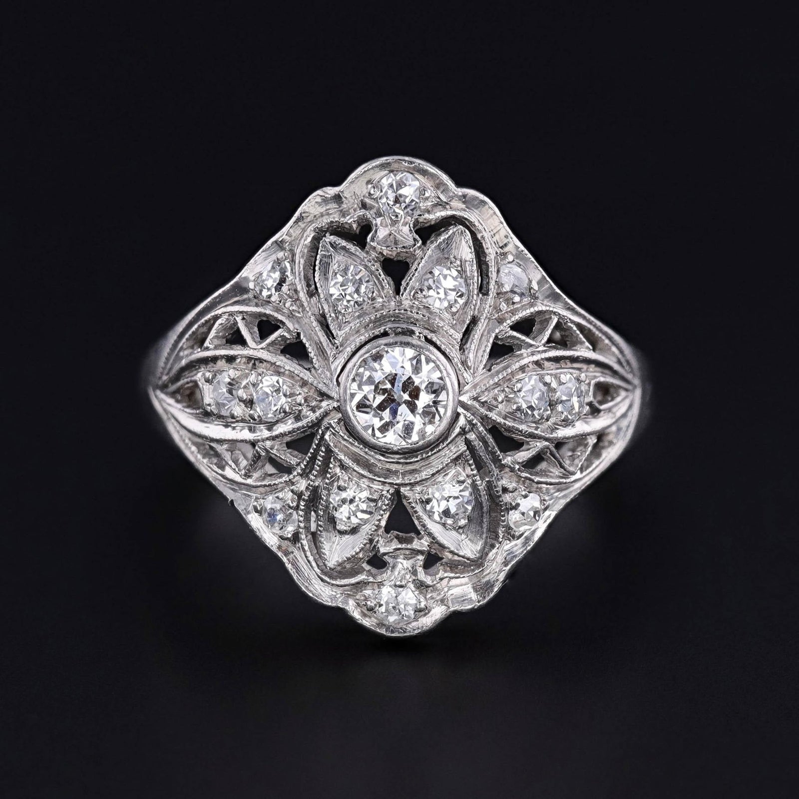 Art Deco Filigree Diamond Ring of Palladium - Trademark Antiques