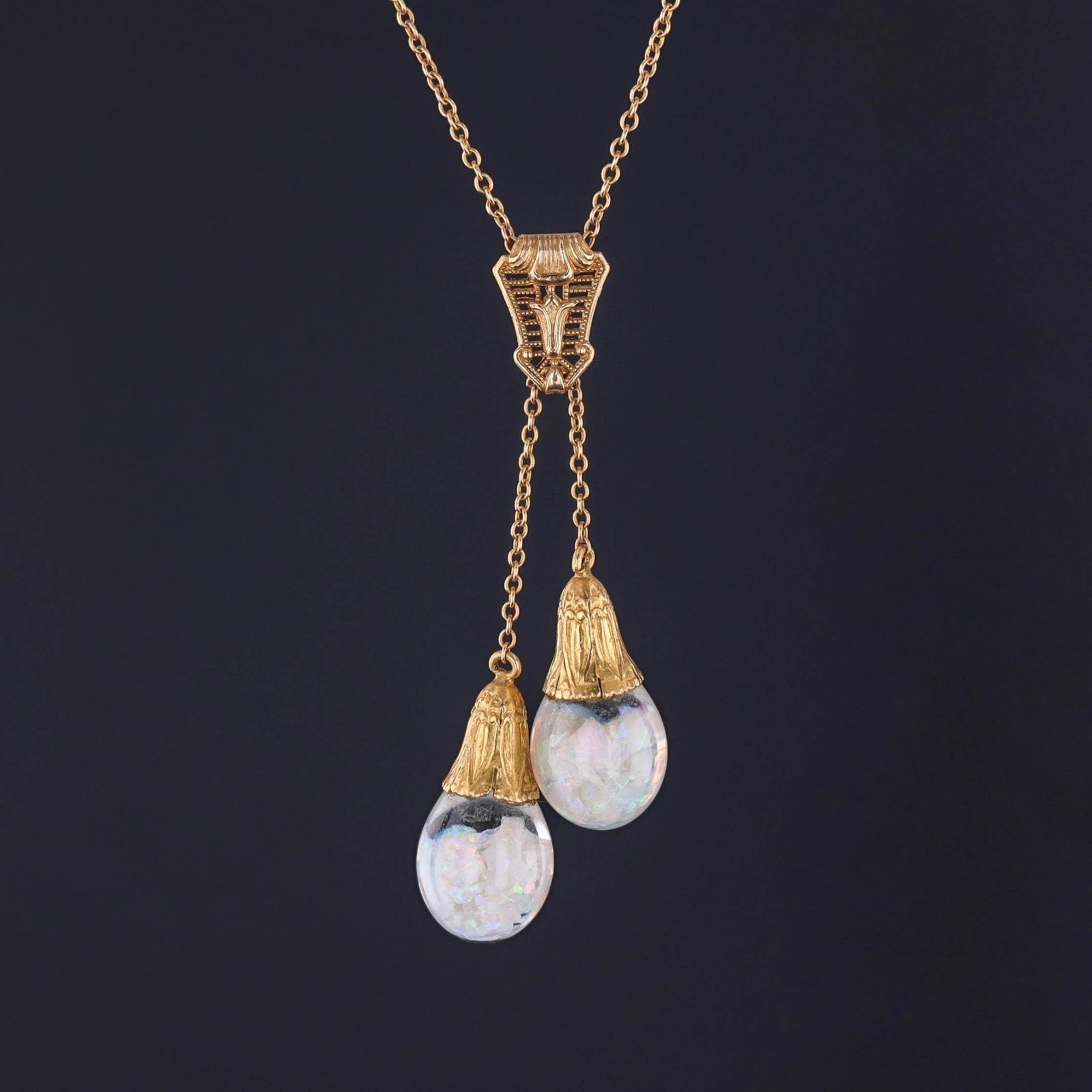 Art Deco Floating Opal Necklace of 14k Gold - Trademark Antiques