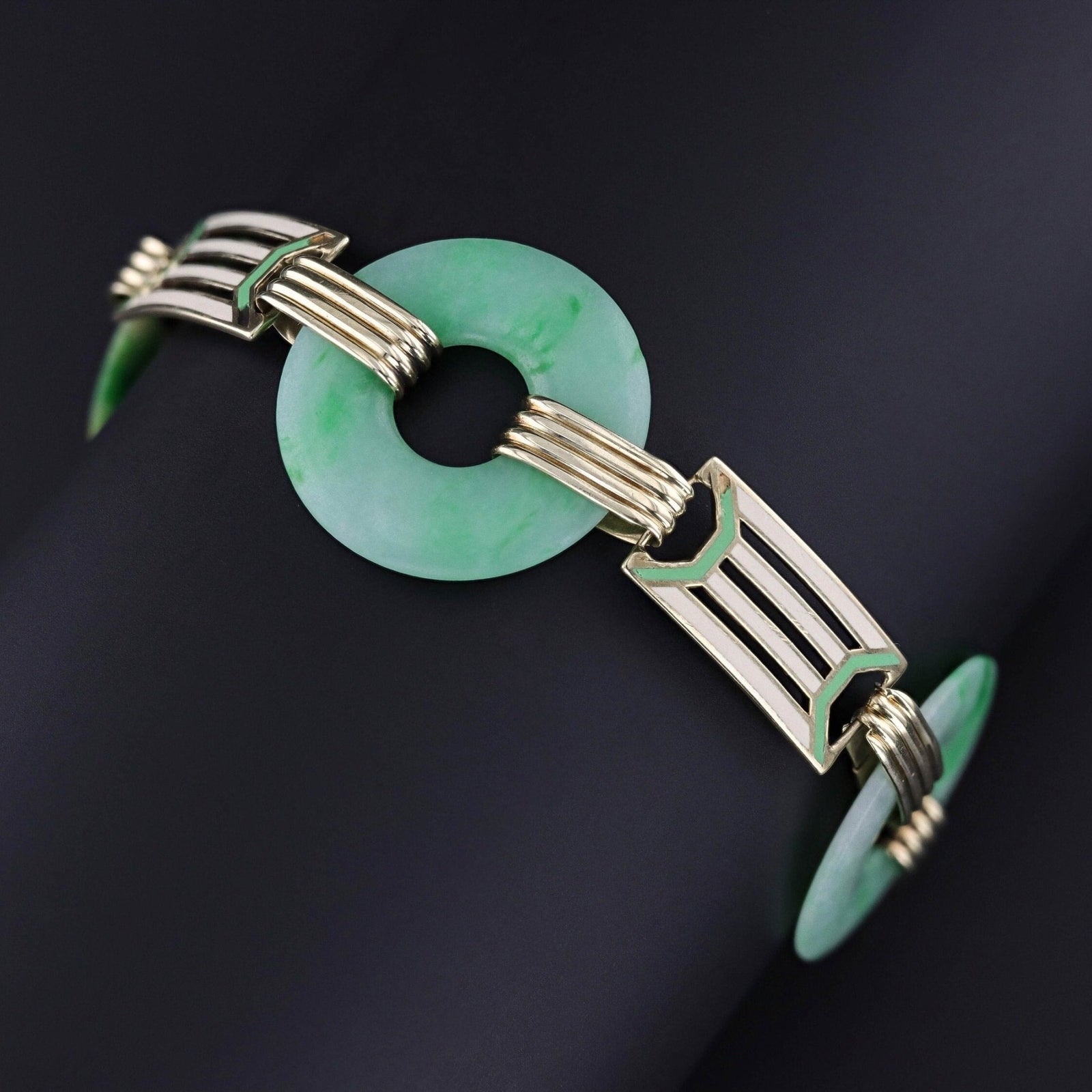 Art Deco Jade and Enamel Bracelet of 14k Gold - Trademark Antiques
