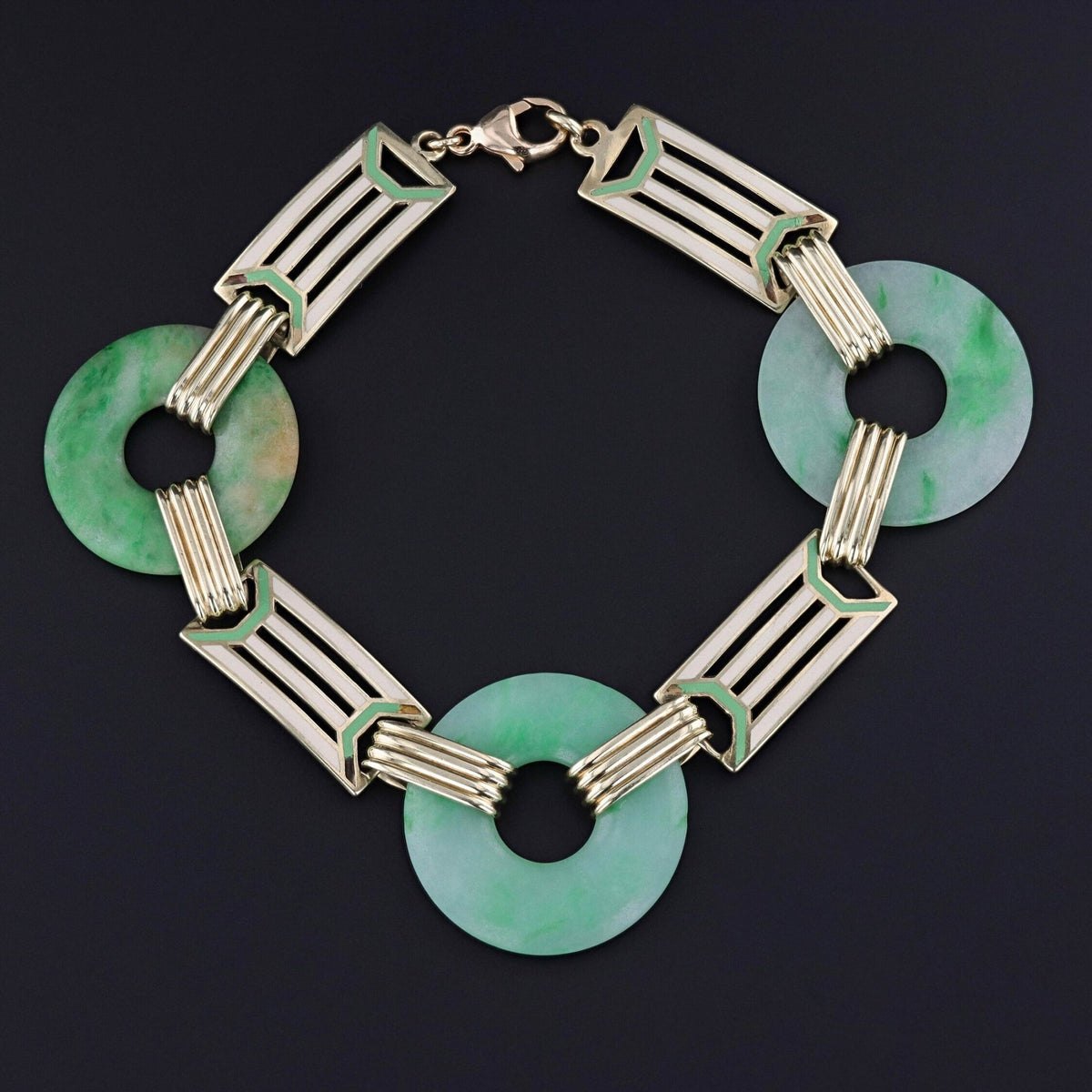 Art Deco Jade and Enamel Bracelet of 14k Gold - Trademark Antiques