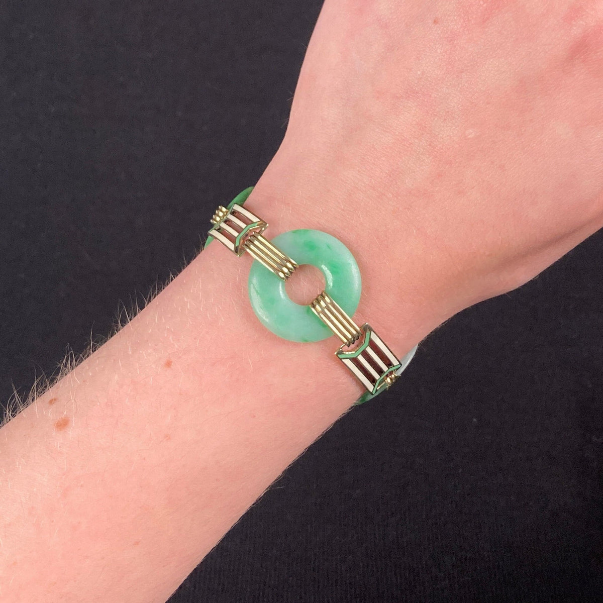 Art Deco Jade and Enamel Bracelet of 14k Gold - Trademark Antiques