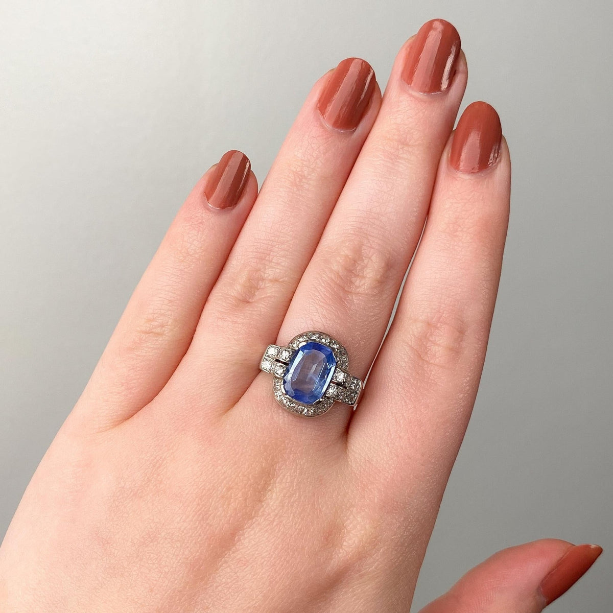 Art Deco Natural Blue Sapphire and Diamond Ring with EGL Certification - Trademark Antiques